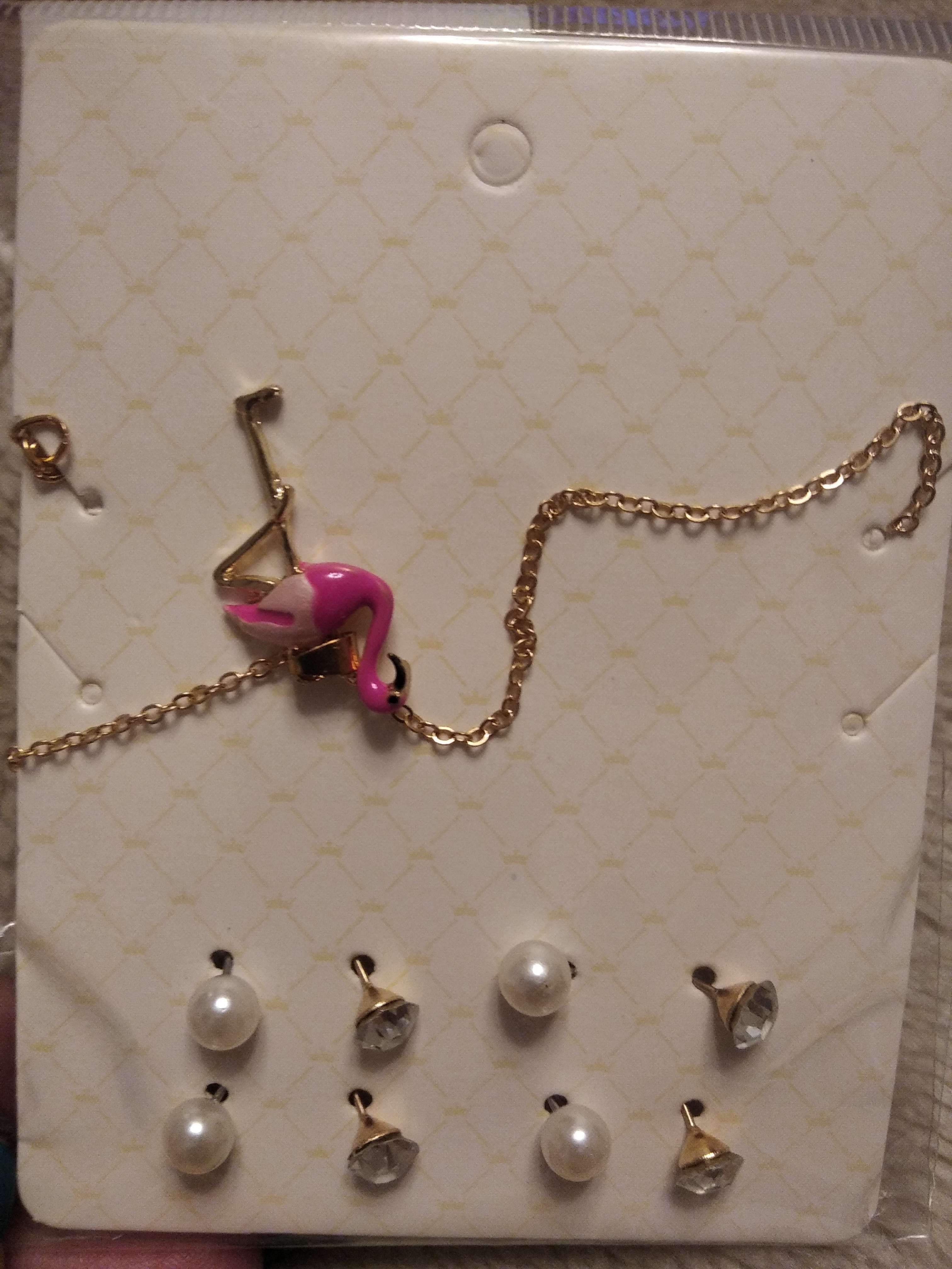 Фотография покупателя товара Гарнитур 5 предметов : 4 пары пусет, кулон «Фламинго», цветной в золоте, 43 см - Фото 1