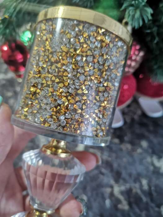 Фотография покупателя товара Подсвечник стекло на 1 свечу "Золотые камешки" ножка с кристаллами 21х7,5х7,5 см - Фото 3