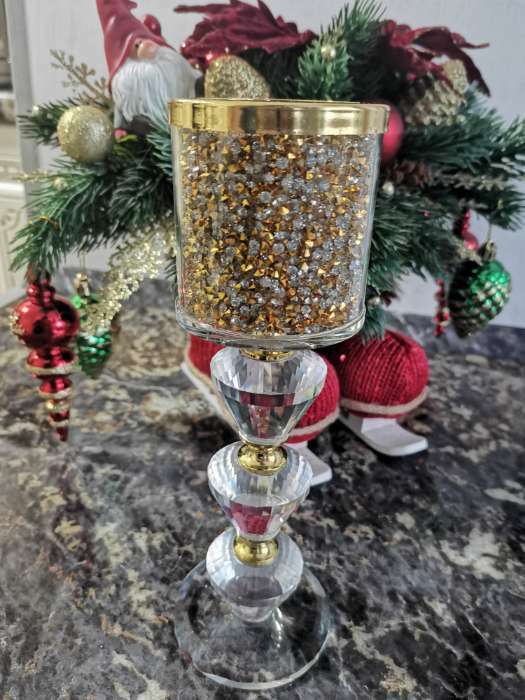 Фотография покупателя товара Подсвечник стекло на 1 свечу "Золотые камешки" ножка с кристаллами 21х7,5х7,5 см - Фото 2
