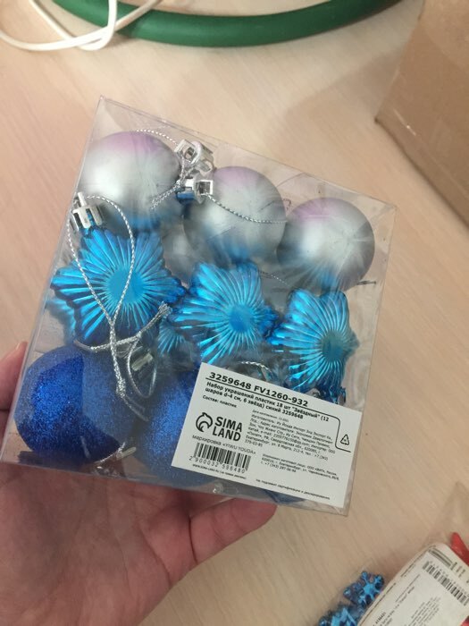 Фотография покупателя товара Набор украшений пластик 18 шт "Звёздный" (12 шаров d-4 см, 6 звёзд) синий, серебро