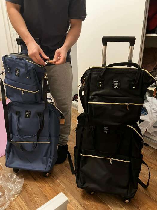 Фотография покупателя товара Сумка-рюкзак 2 в 1 на колёсах 18", отдел на молнии, наружный карман, цвет синий - Фото 1