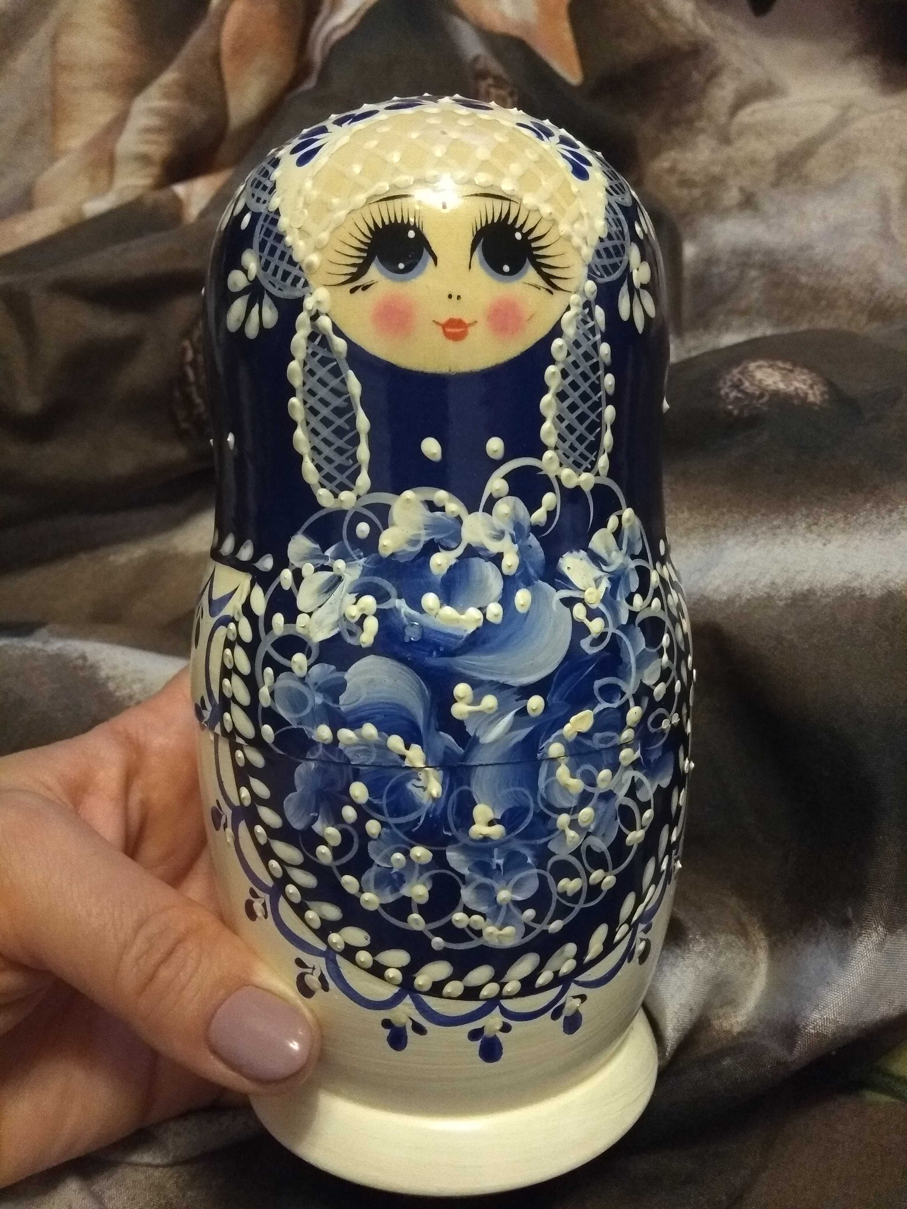 Фотография покупателя товара Матрёшка «Гжель», серьги, синий платок, 5 кукольная, 17 см, люкс - Фото 1