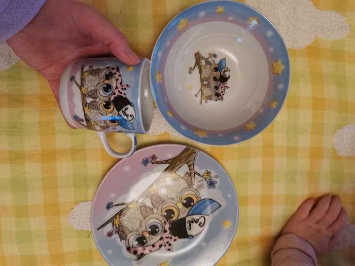Фотография покупателя товара Набор детской посуды из керамики Доляна «Совы тинейджеры», 3 предмета: кружка 230 мл, миска 400 мл, тарелка d=18 см
