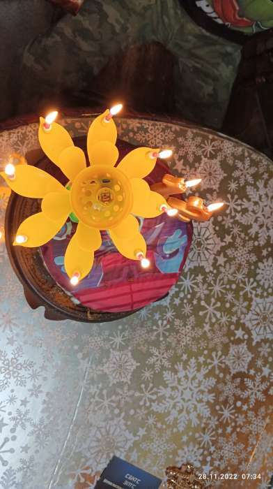 Фотография покупателя товара Свеча для торта музыкальная "Тюльпан", крутящаяся, жёлтая, 14,5×6 см - Фото 3