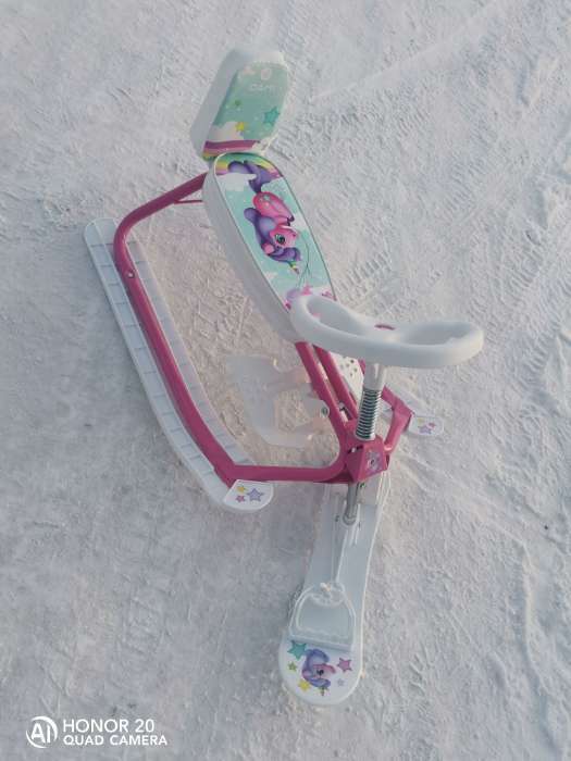 Фотография покупателя товара Снегокат растущий «Единорог», СНК.10-02, со спинкой, белый/розовый - Фото 2