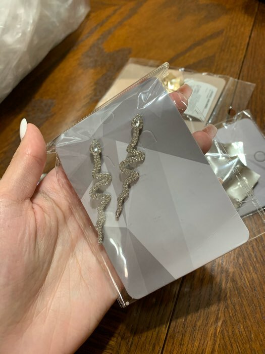 Фотография покупателя товара Серьги висячие со стразами «Змейка» изогнутая, цвет белый в серебре, 5,7 см - Фото 1