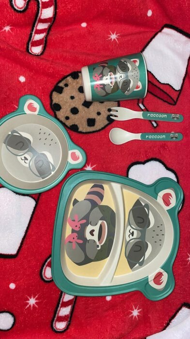Фотография покупателя товара Набор детской бамбуковой посуды «Енотик», тарелка, миска, стакан, приборы, 5 предметов