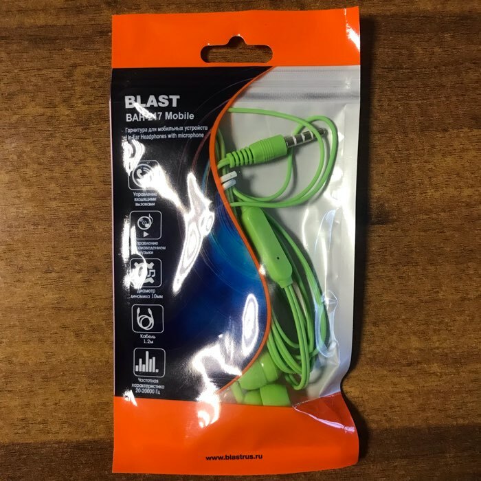 Фотография покупателя товара Наушники Blast BAH-217 Mobile, вакуумные, микрофон, 3.5 мм, 1.2 м, зеленые