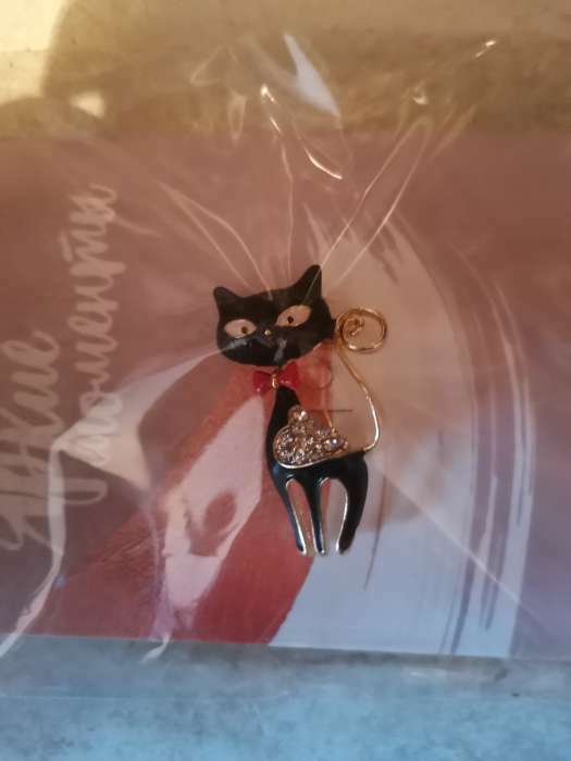 Фотография покупателя товара Брошь «Кошечка» с сердечком, цвет чёрный в золоте - Фото 1