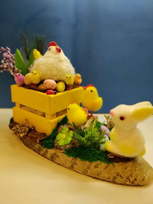 Фотография покупателя товара Фигурка пасхальная «Кролик и два цыплёнка на травке с цветком», 12×12×10.5 см - Фото 1