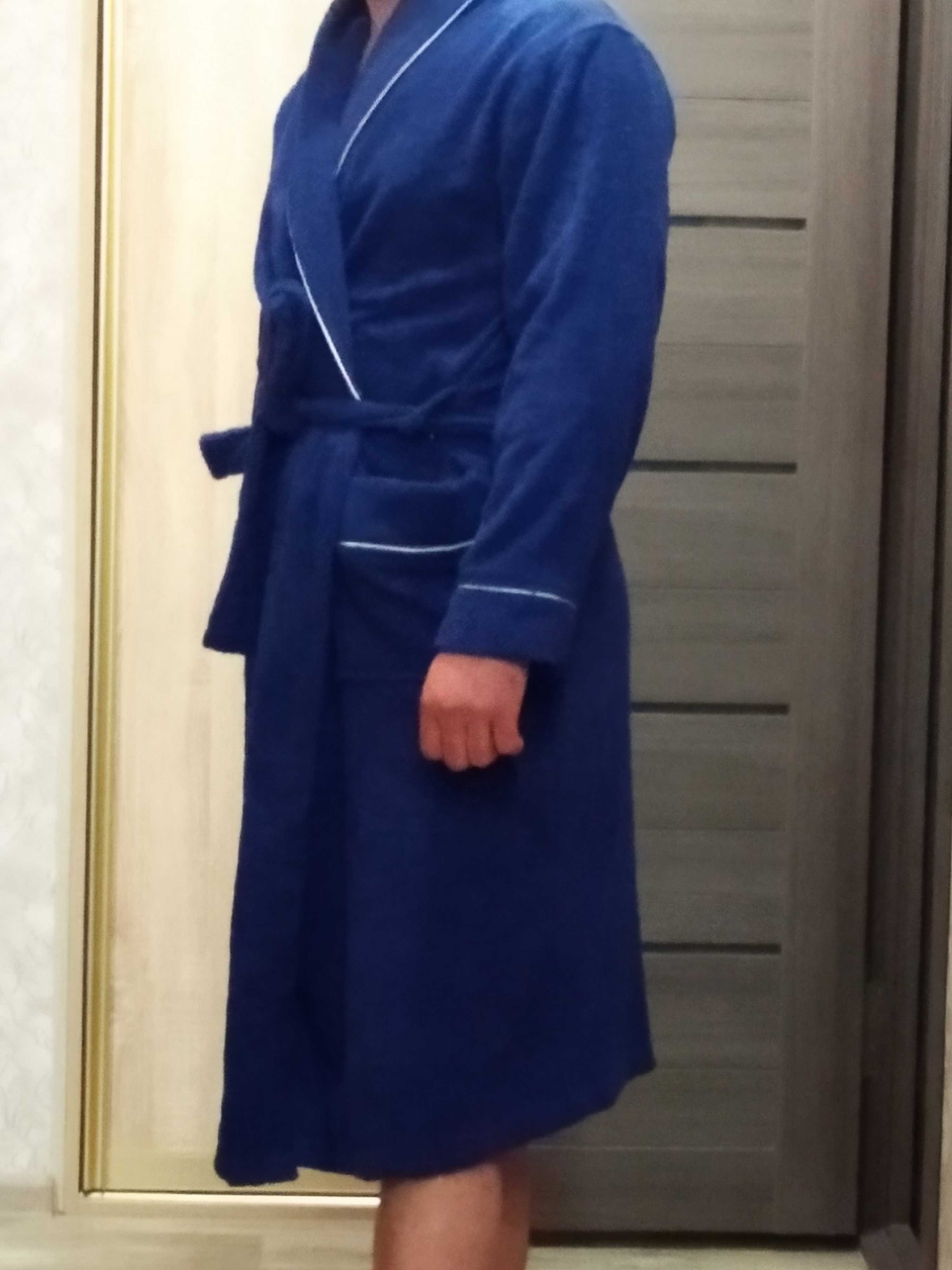 Фотография покупателя товара Халат мужской, шалька+кант, размер 48, тёмно-синий, махра - Фото 5