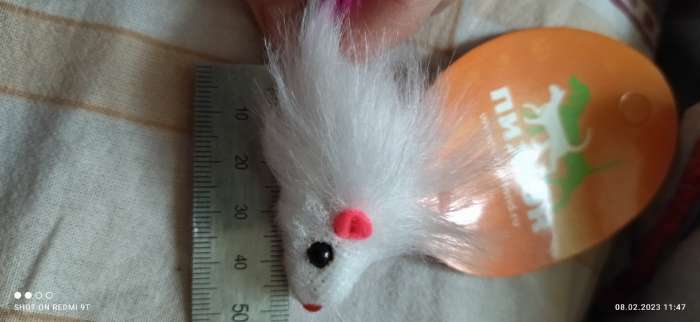 Фотография покупателя товара Мышь меховая однотонная с перьями 6,5 см, белая