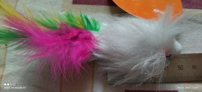 Фотография покупателя товара Мышь меховая однотонная с перьями 6,5 см, белая - Фото 4