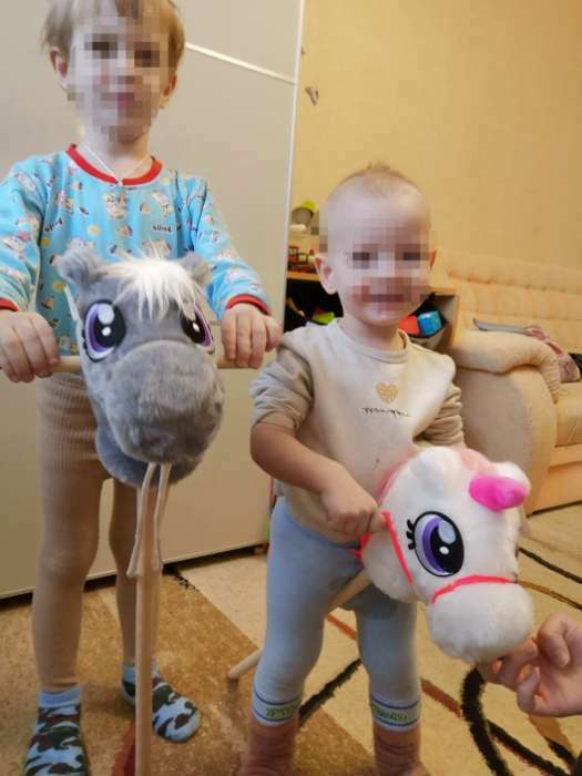Фотография покупателя товара Мягкая игрушка «Конь-скакун», на палке, цвет серый - Фото 2