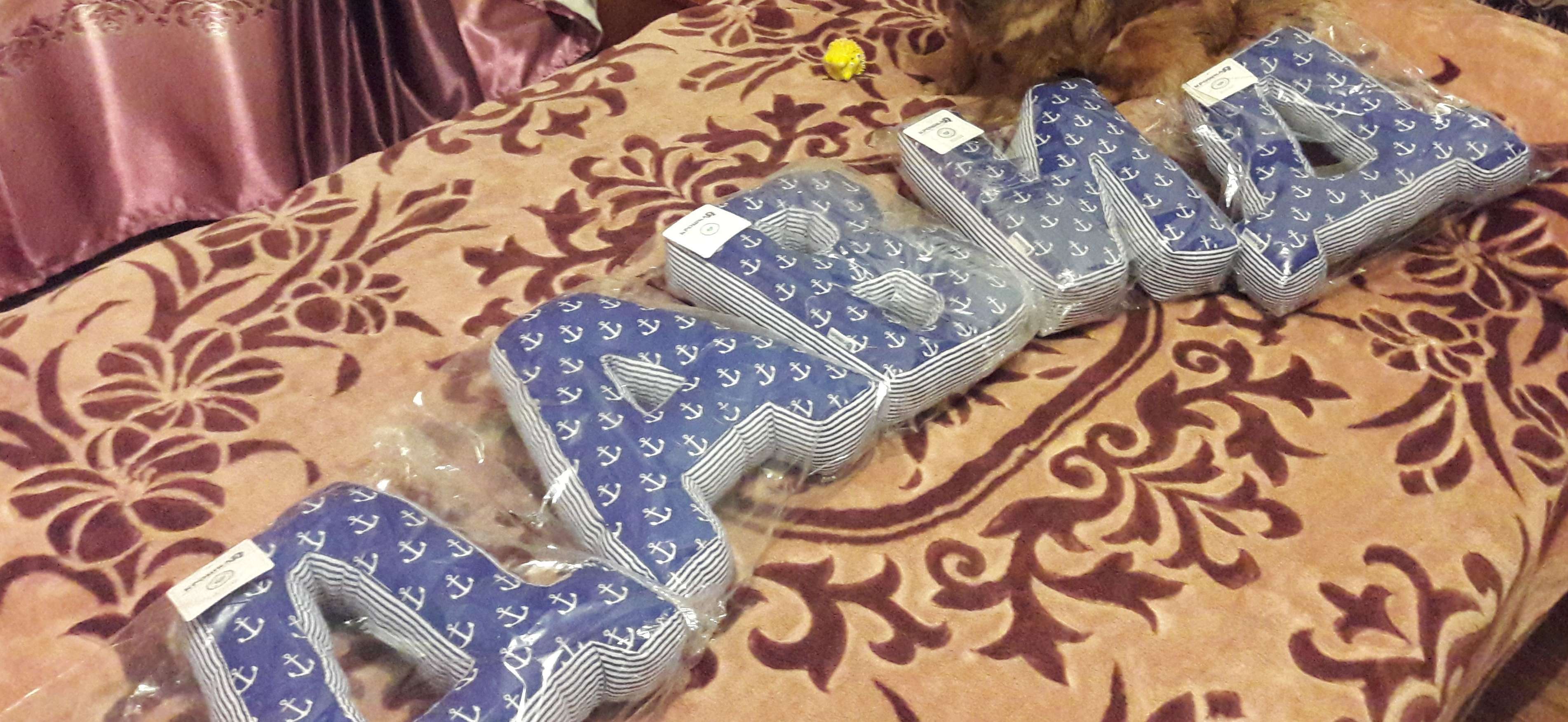 Фотография покупателя товара Мягкая буква подушка "М" 35х32 см, синий, 100% хлопок, холлофайбер - Фото 3