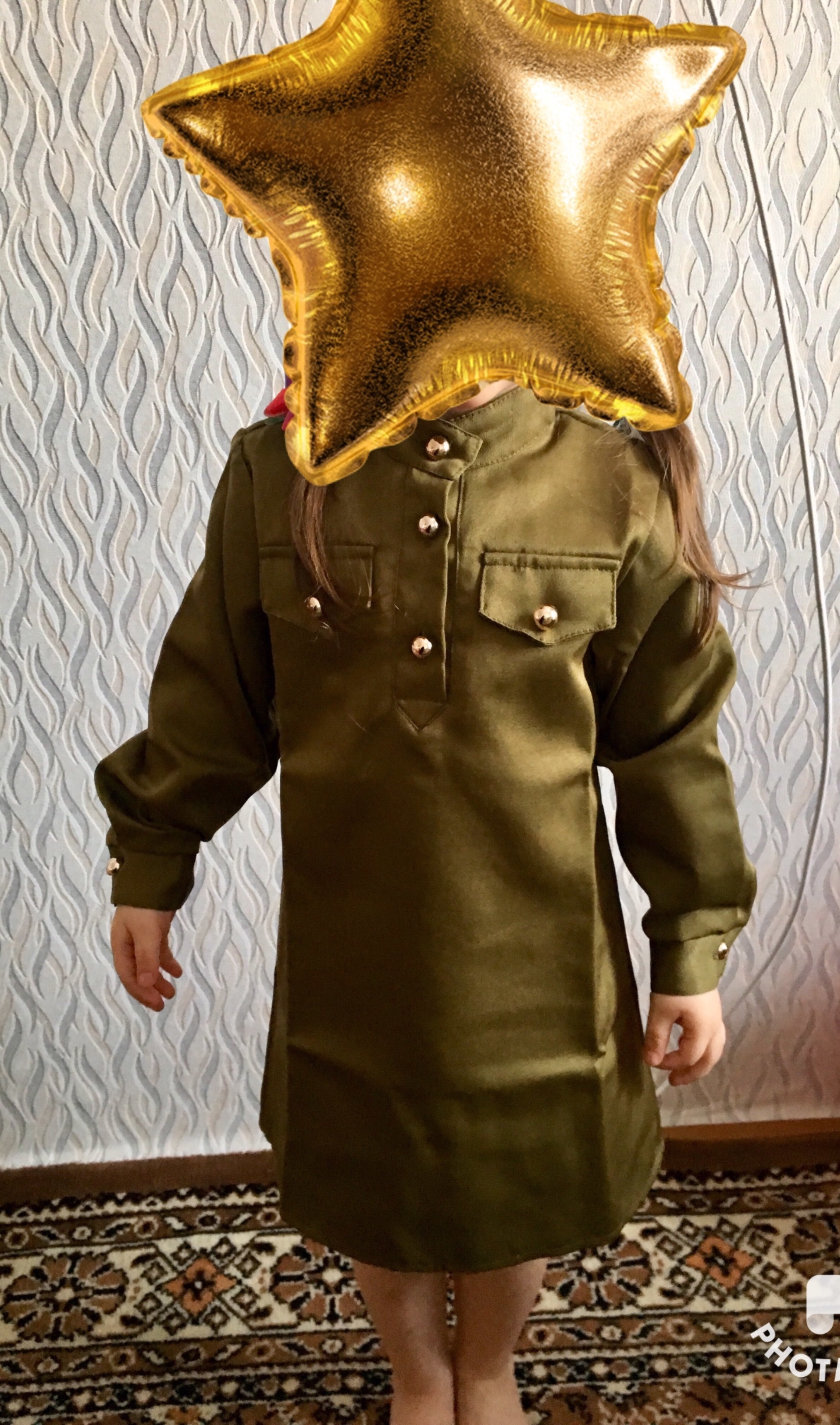 Фотография покупателя товара Карнавальный костюм для девочки «Военный», платье, ремень, пилотка, рост 104–110 см - Фото 5
