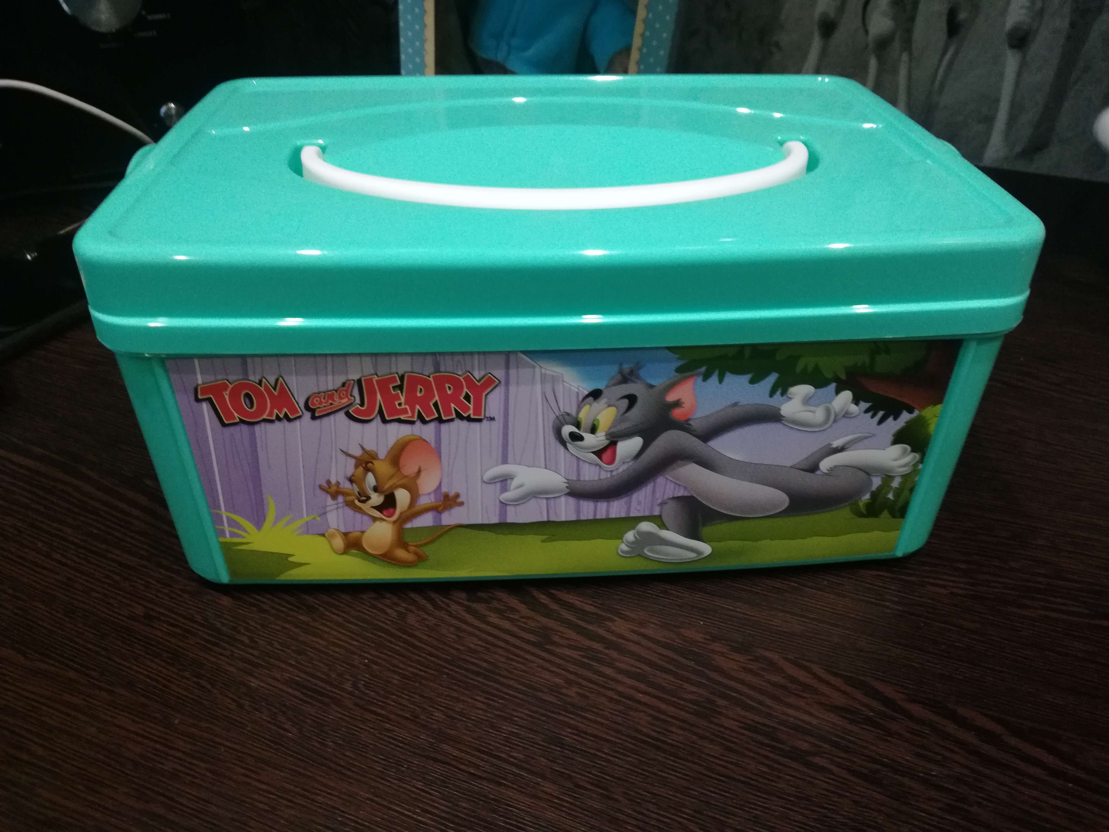 Фотография покупателя товара Коробка универсальная с ручкой и аппликацией «Том и Джерри», цвет зелёный - Фото 1
