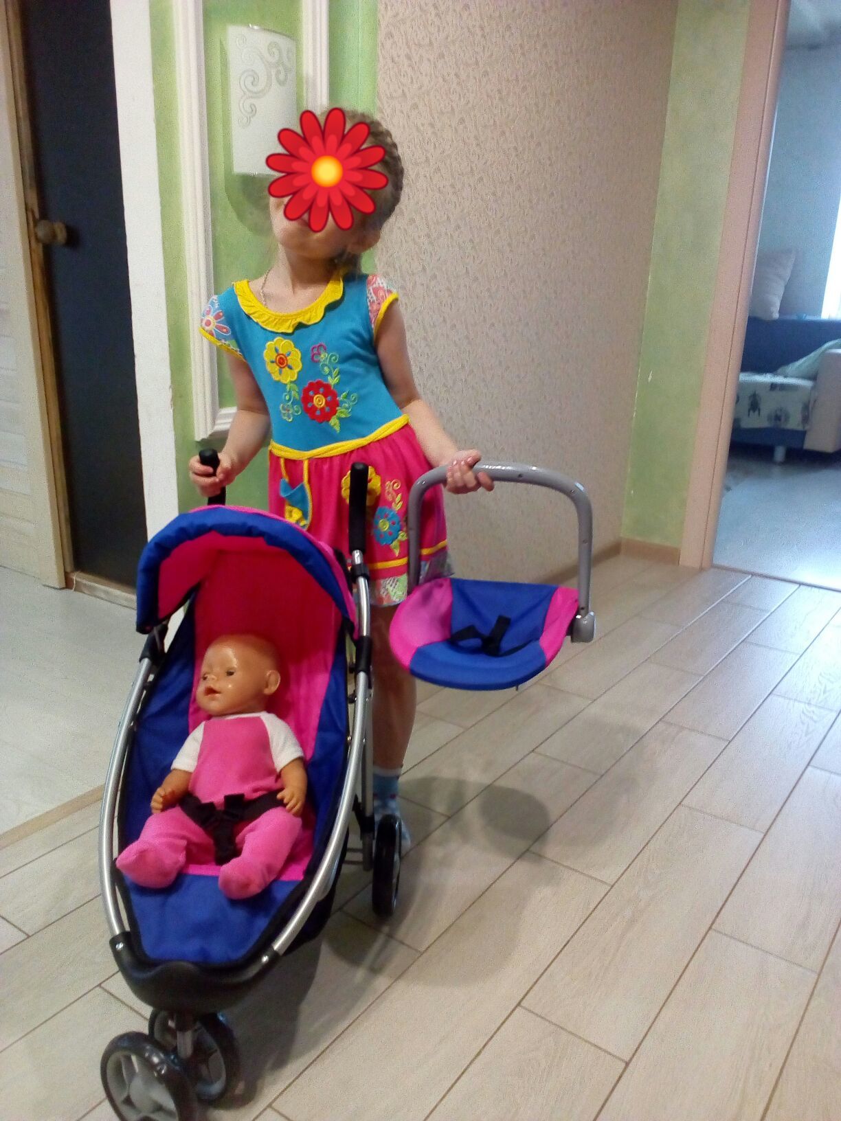 Фотография покупателя товара Коляска для кукол, с переноской, трёхколёсная, металлический каркас - Фото 1
