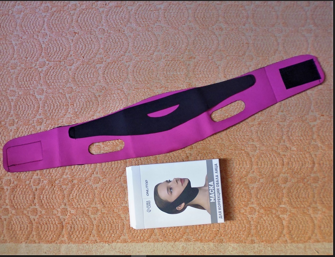 Фотография покупателя товара Маска текстильная для коррекции овала лица, на липучке, 62 × 9,5 см, цвет чёрный/розовый - Фото 1