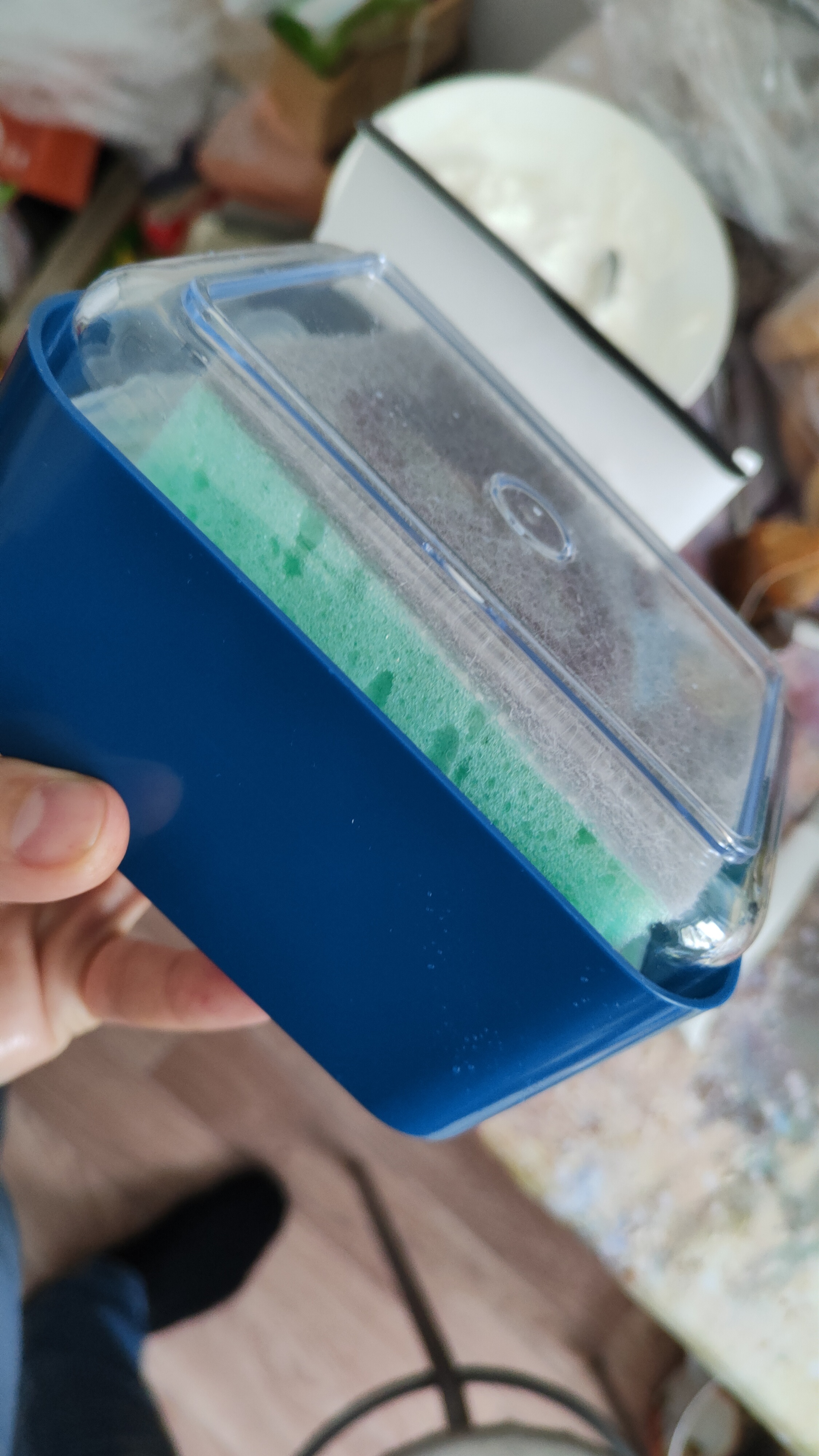 Фотография покупателя товара Дозатор для моющего средства с подставкой для губки Raccoon, губка в комплекте, цвет синий - Фото 1