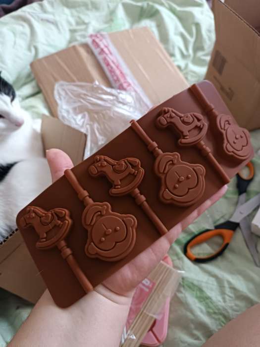 Фотография покупателя товара Форма для леденцов Доляна «Детство», силикон, 24×9.5 см, 6 ячеек (5×4.6), с палочками, коричневая - Фото 2