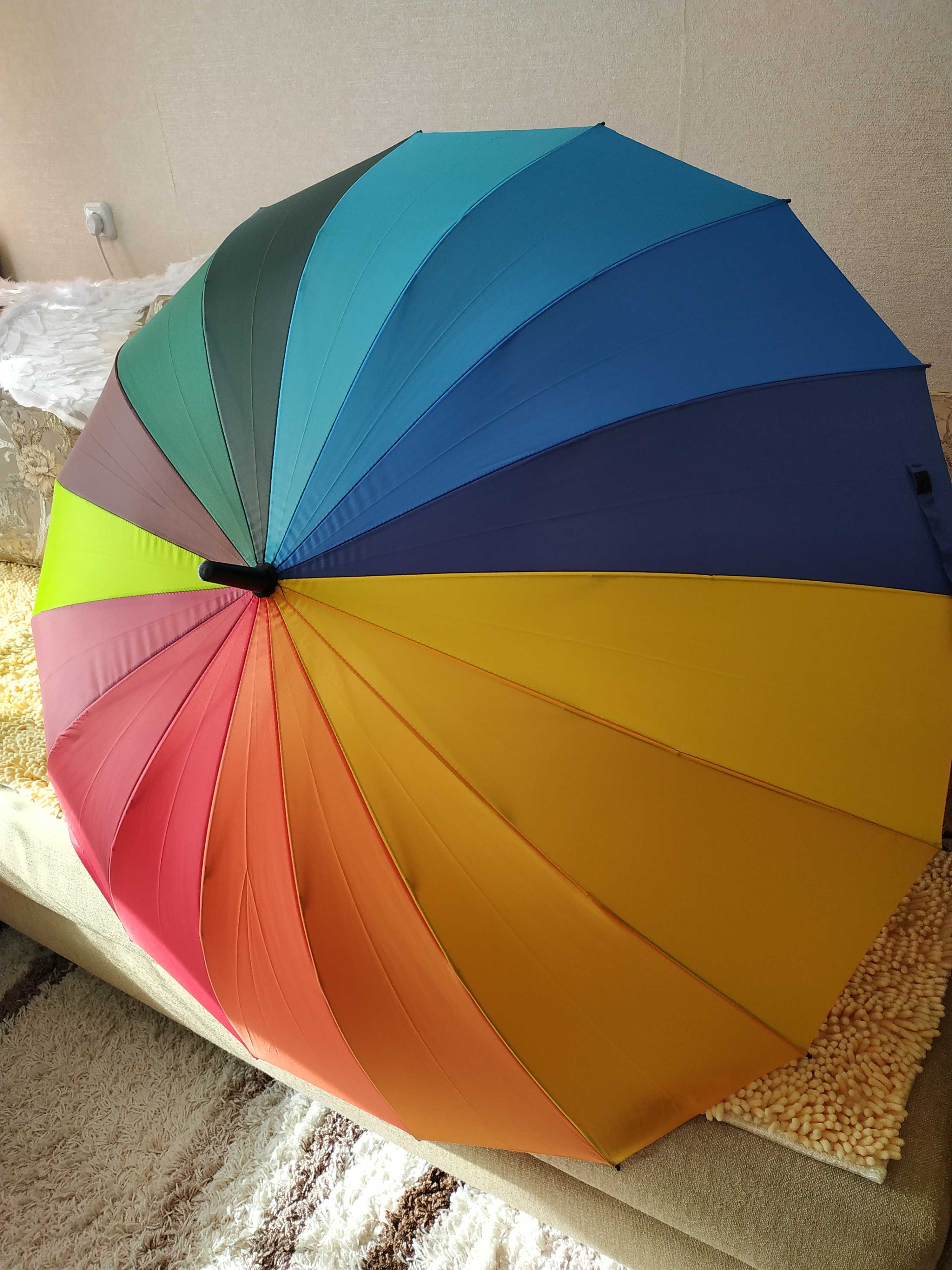 Фотография покупателя товара Зонт - трость полуавтоматический «Радужный день», 16 спиц, R = 59 см, разноцветный - Фото 11