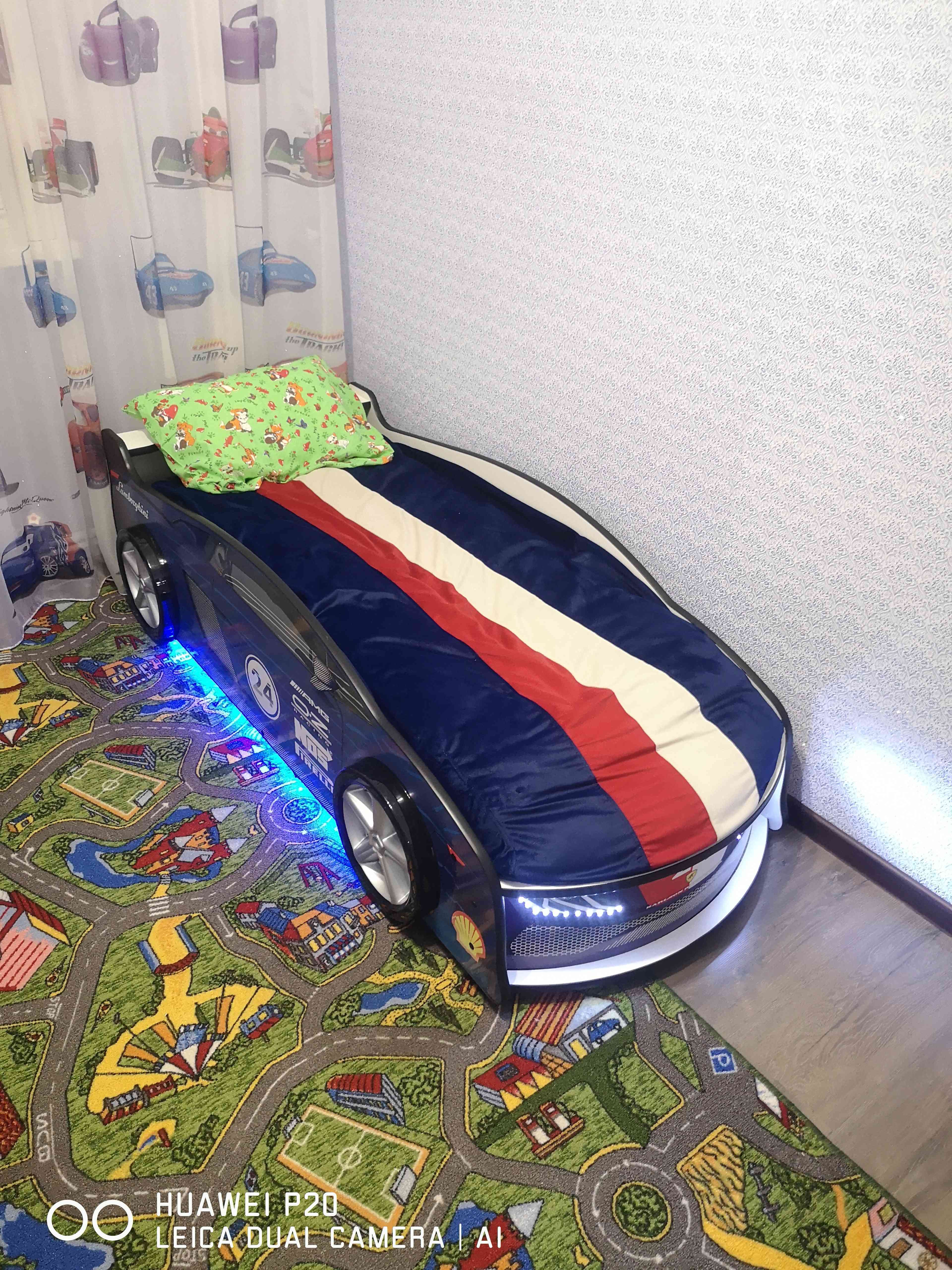 Фотография покупателя товара Кровать машина «Ламба синяя», матрас, подсветка дна и фар, пластиковые колёса, 2 шт - Фото 30