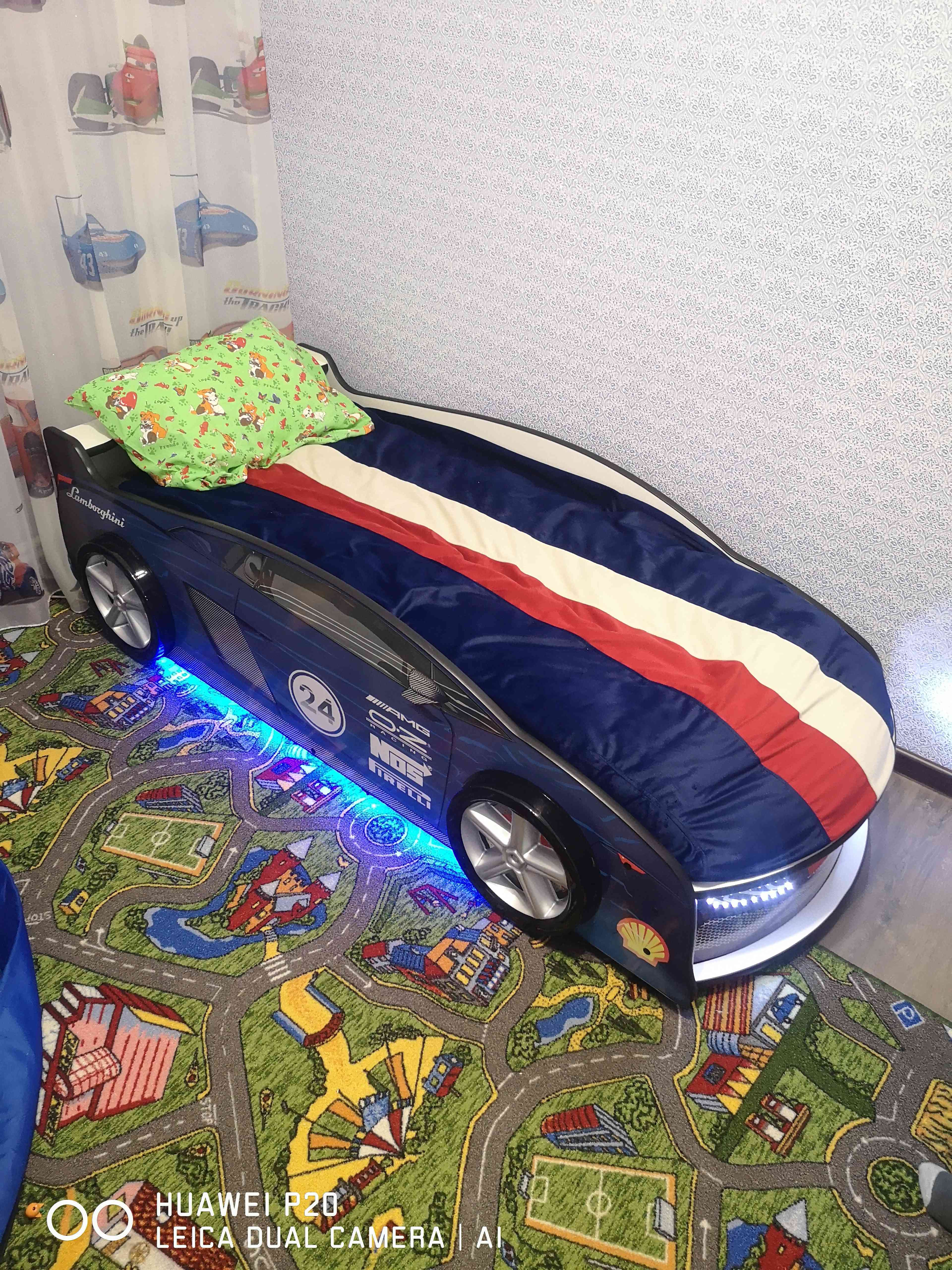 Фотография покупателя товара Кровать машина «Ламба синяя», матрас, подсветка дна и фар, пластиковые колёса, 2 шт - Фото 29