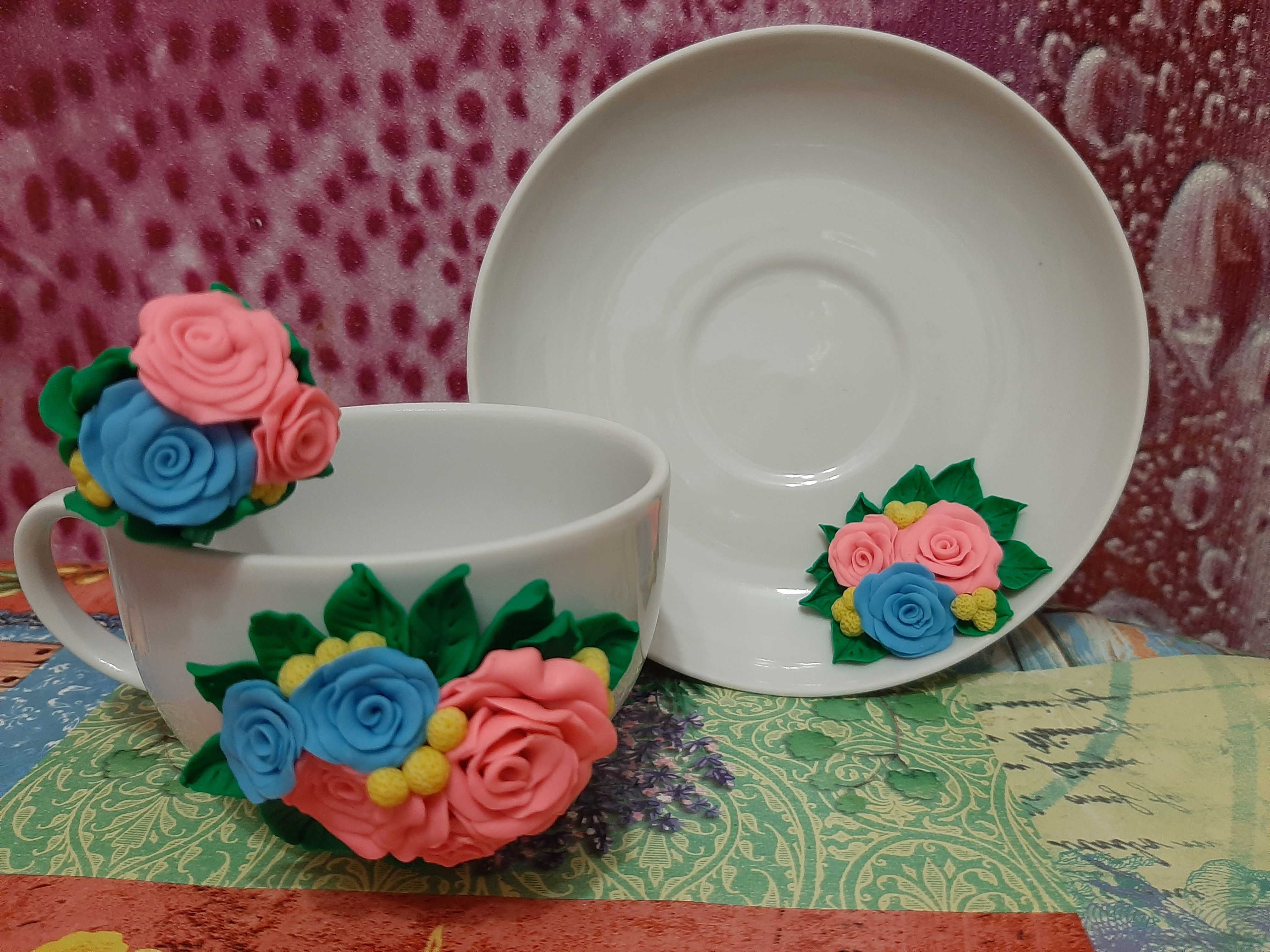 Фотография покупателя товара Чайная пара с ложечкой, набор для декора полимерной глиной "Цветы" - Фото 1