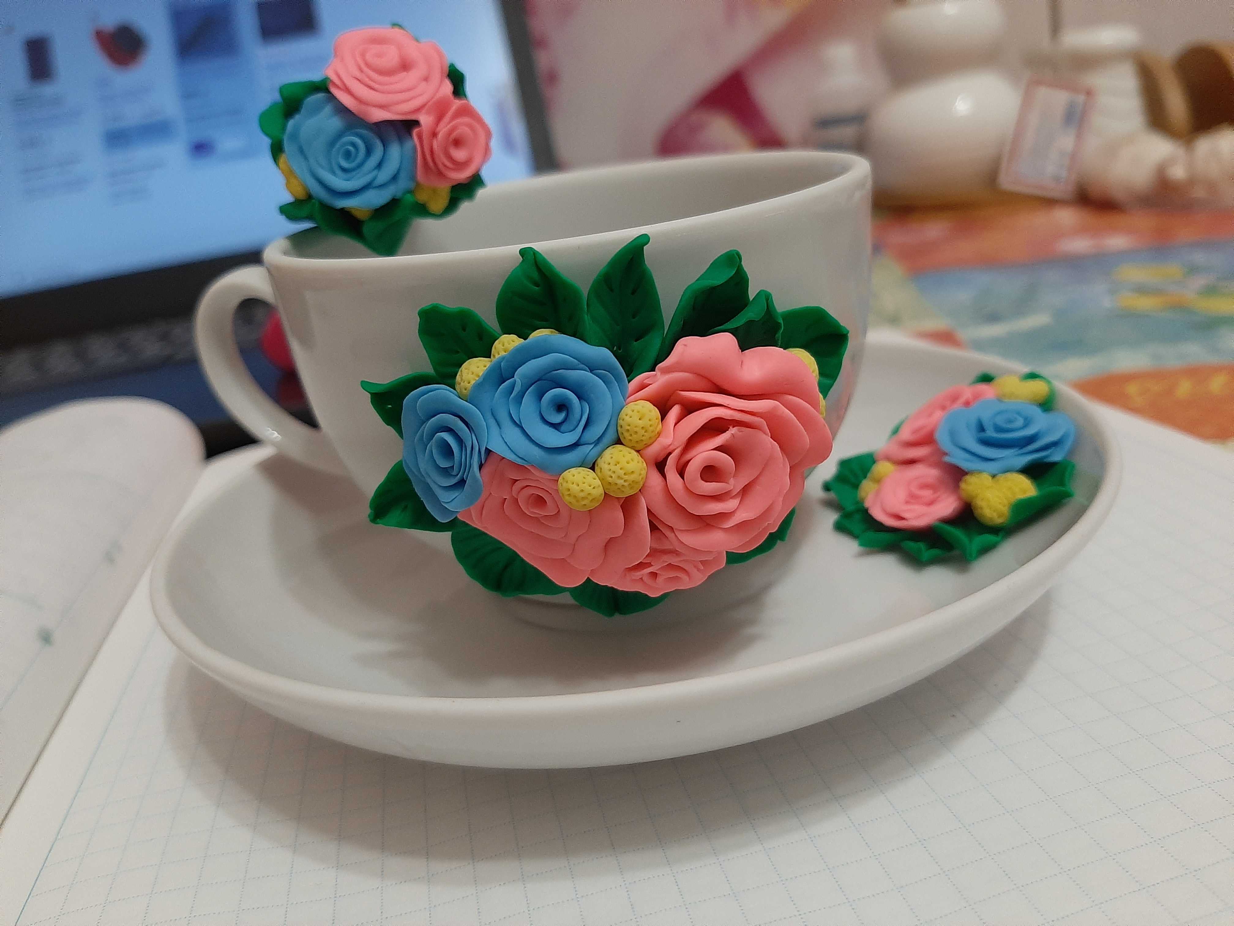 Фотография покупателя товара Чайная пара с ложечкой, набор для декора полимерной глиной "Цветы" - Фото 2
