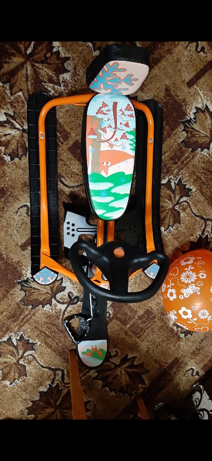 Фотография покупателя товара Снегокат растущий Kiddy LUX «Лиса», СНК.10-02, со спинкой, цвет оранжевый/чёрный - Фото 5