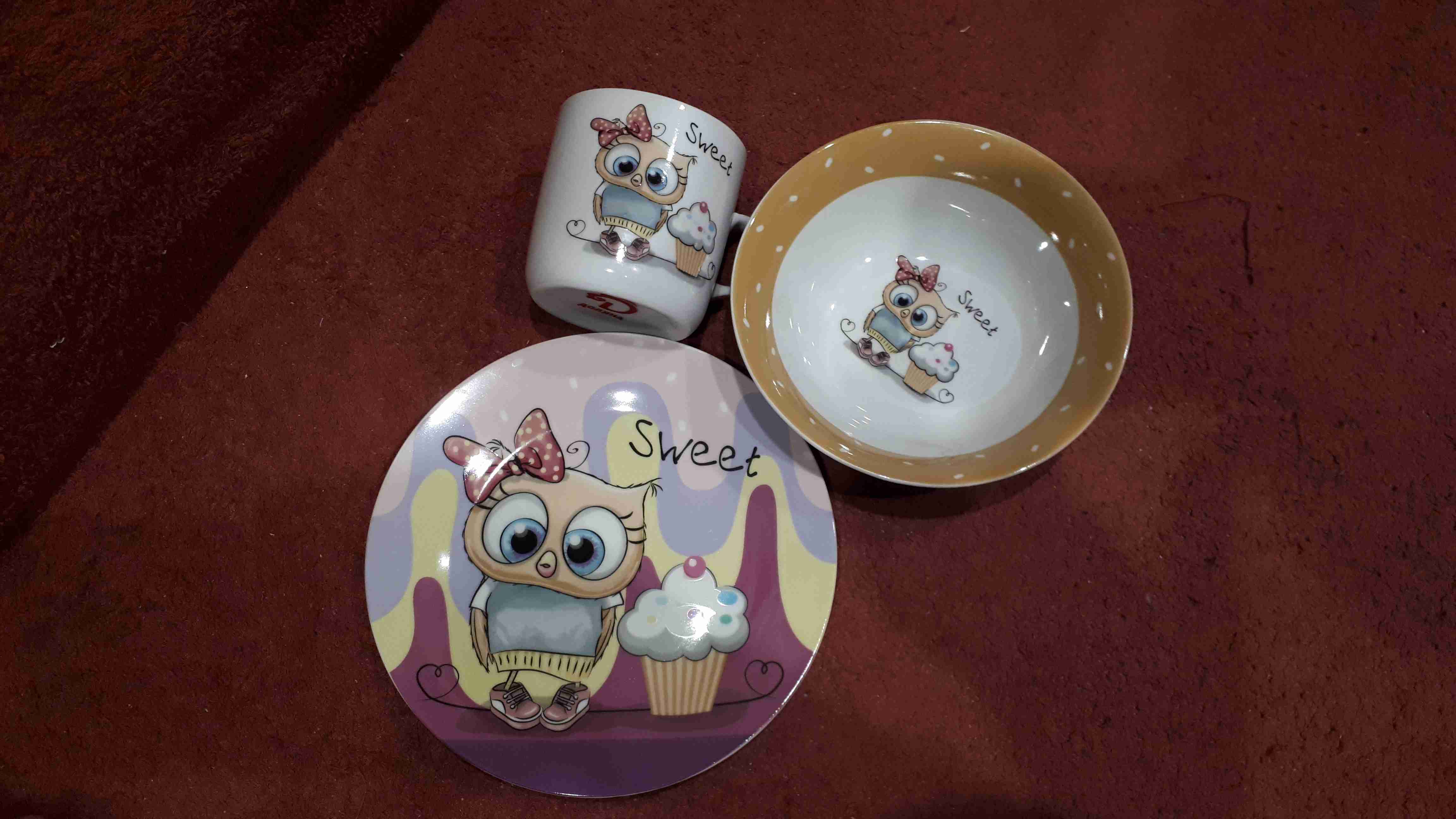 Фотография покупателя товара Набор детской посуды из керамики Доляна «Совёнок», 3 предмета: кружка 230 мл, миска 400 мл, тарелка d=18 см - Фото 13
