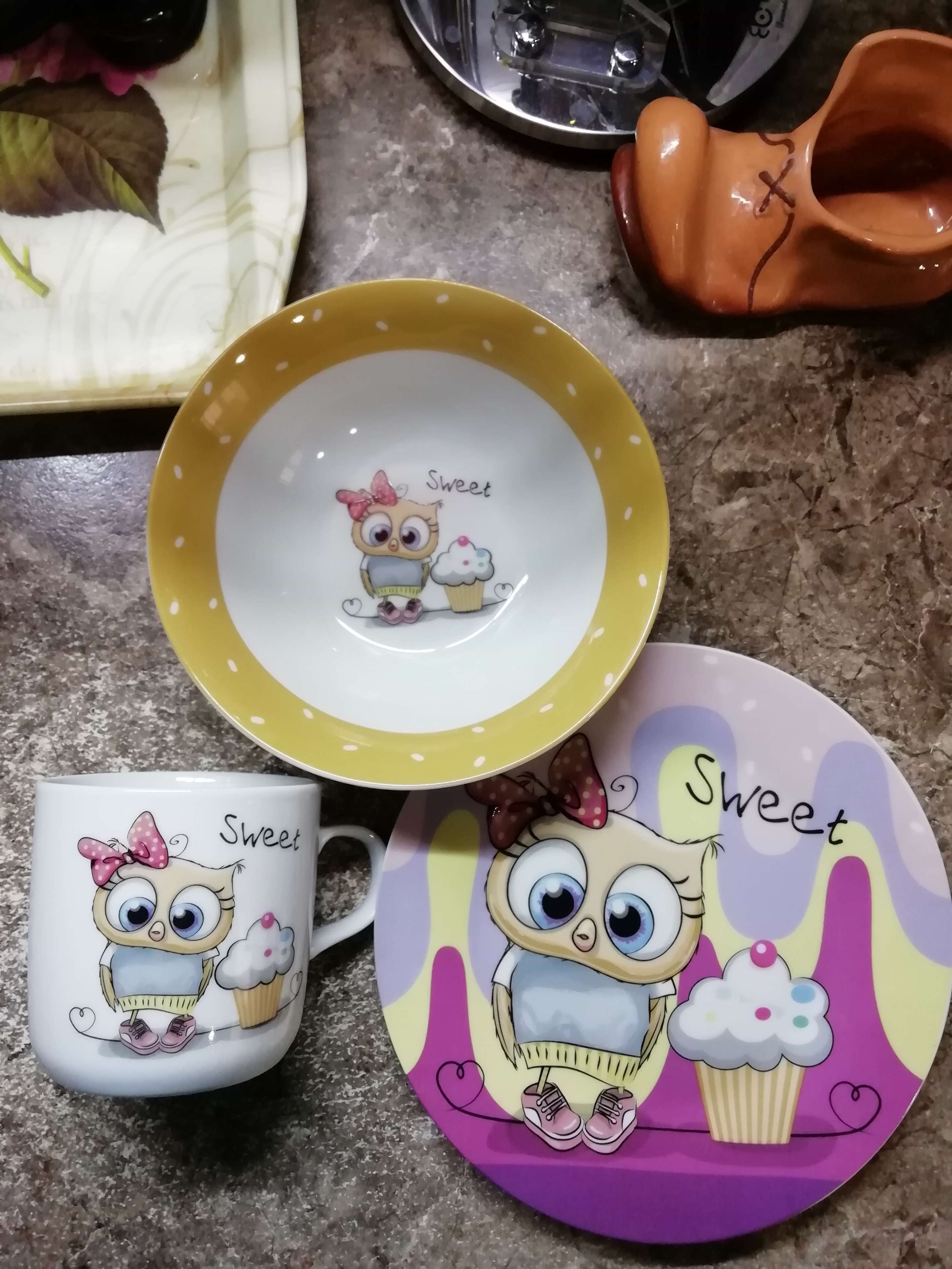 Фотография покупателя товара Набор детской посуды из керамики Доляна «Совёнок», 3 предмета: кружка 230 мл, миска 400 мл, тарелка d=18 см - Фото 11