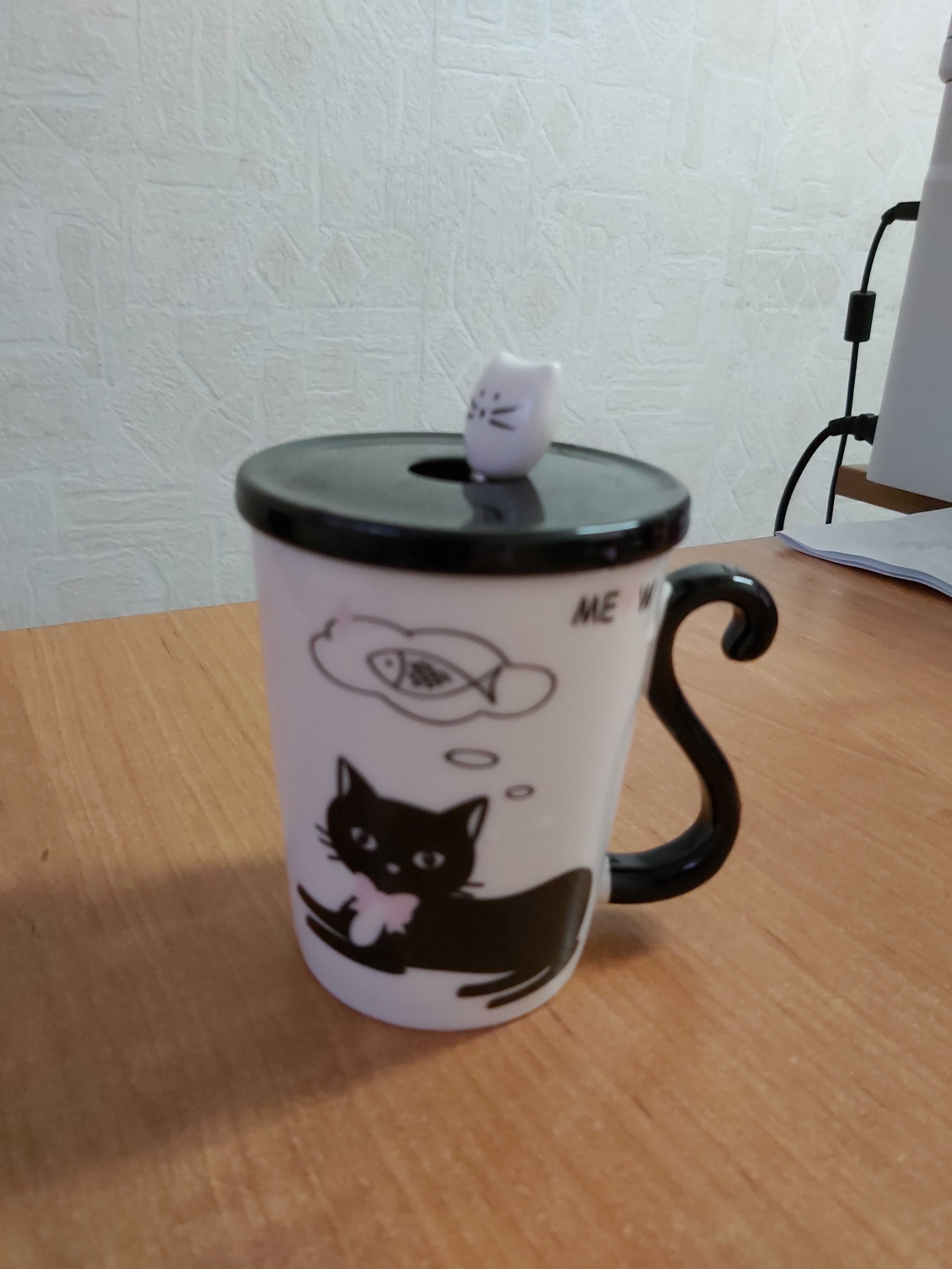 Фотография покупателя товара Кружка «Мяу», 300 мл, с керамической крышкой и ложкой, рисунок МИКС - Фото 1