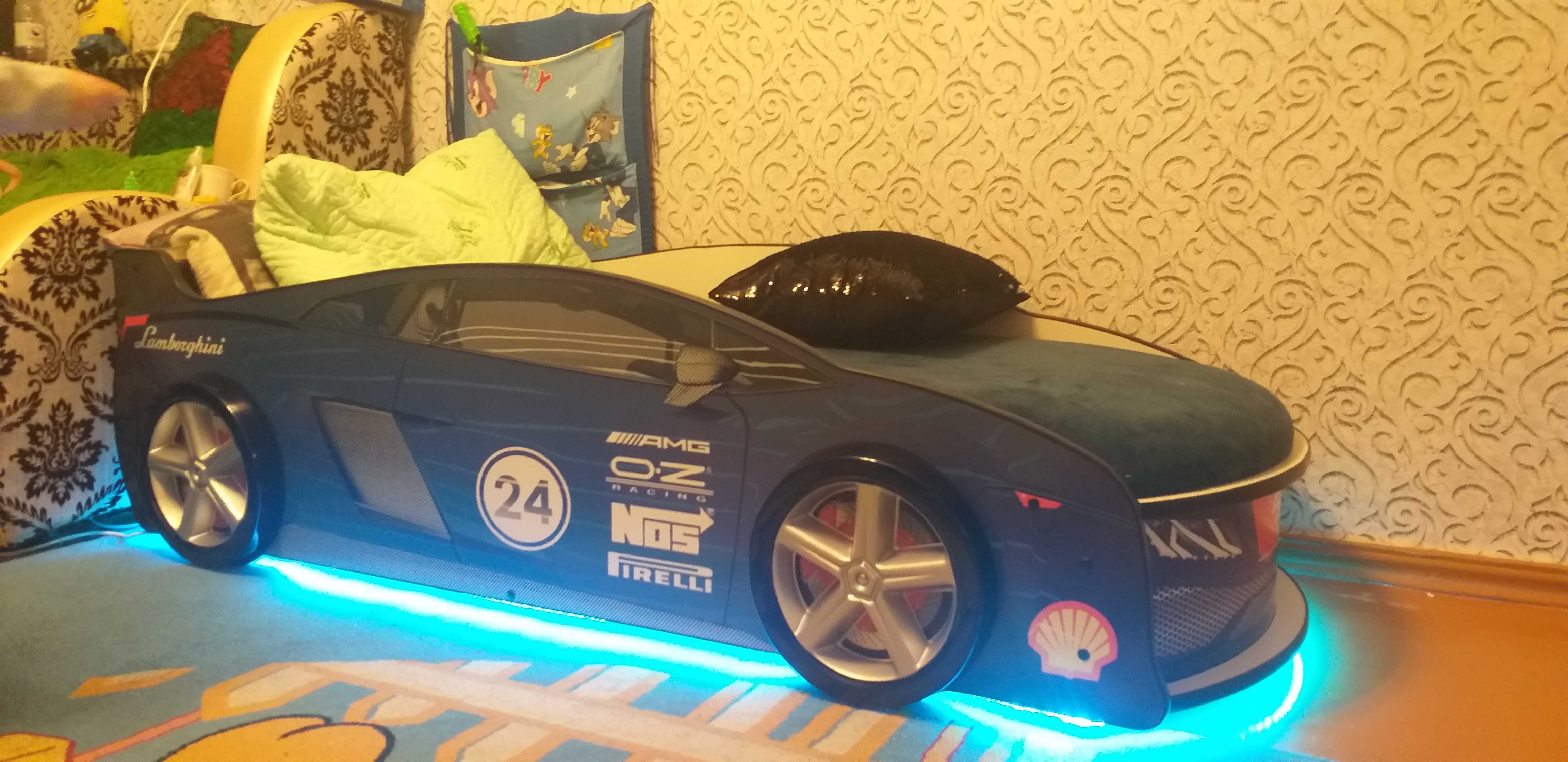 Фотография покупателя товара Кровать машина «Ламба синяя», матрас, без подсветки, пластиковые колёса, 2 шт