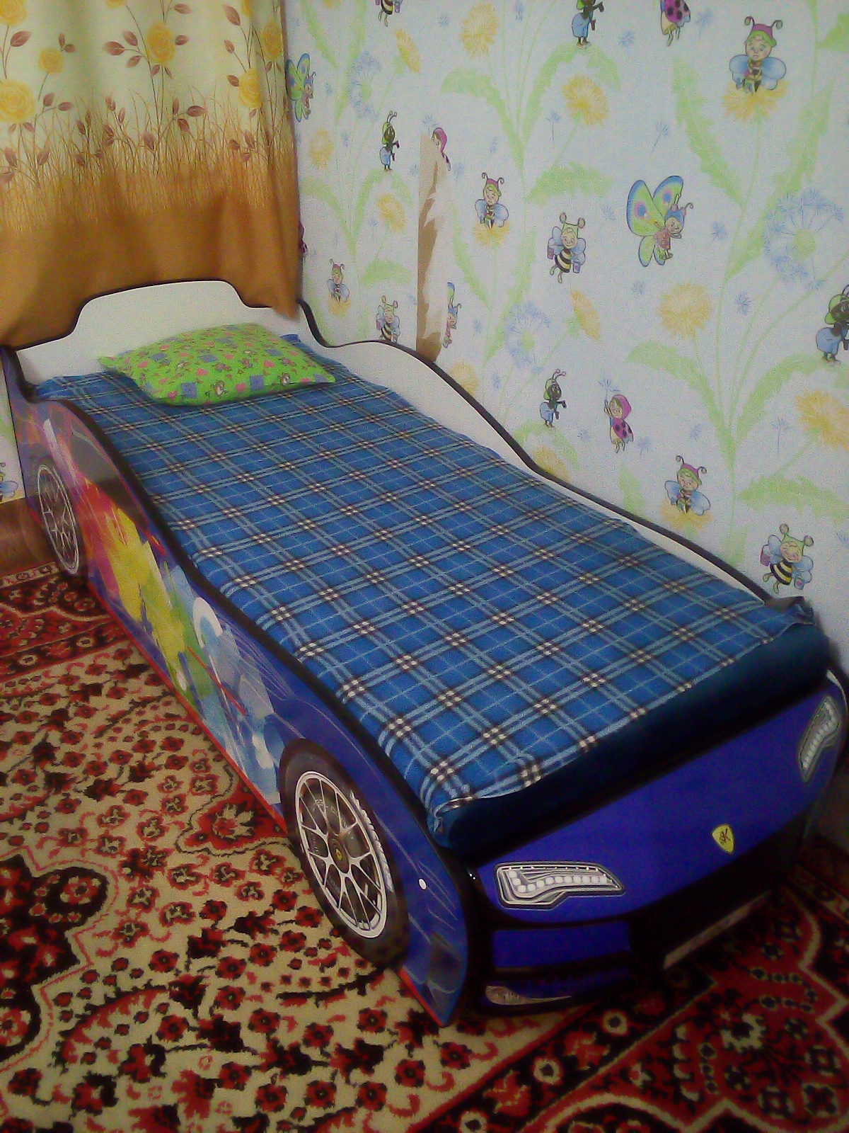 Фотография покупателя товара Кровать машина «Турбо синяя 2», подъёмный матрас, подсветка дна и фар, пластиковые колёса - Фото 1
