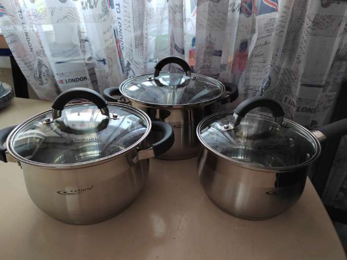 Фотография покупателя товара Набор посуды «Ирида», 3 предмета: кастрюли 2,9 л, 3,9 л, ковш 1,9 л, капсульное дно, крышки - Фото 1