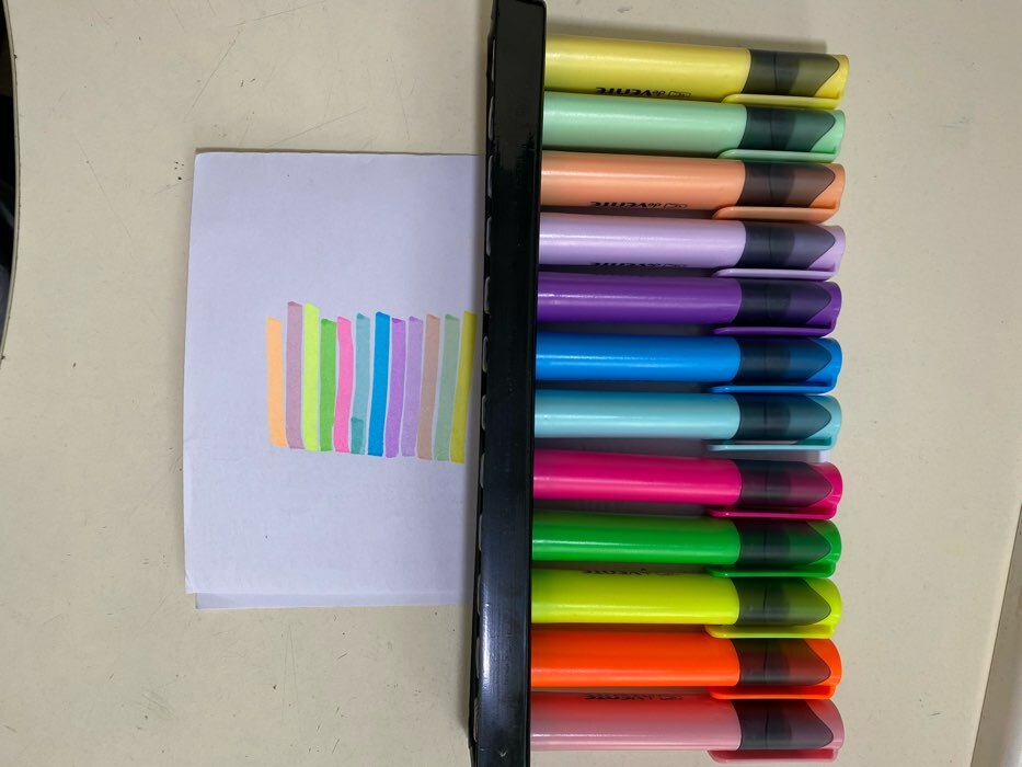 Фотография покупателя товара Набор маркеров текстовыделителей 12 цветов, 5,0 мм, deVENTE (6 неоновых и 6 пастельных цветов), на поддоне в пластиковой коробке - Фото 1