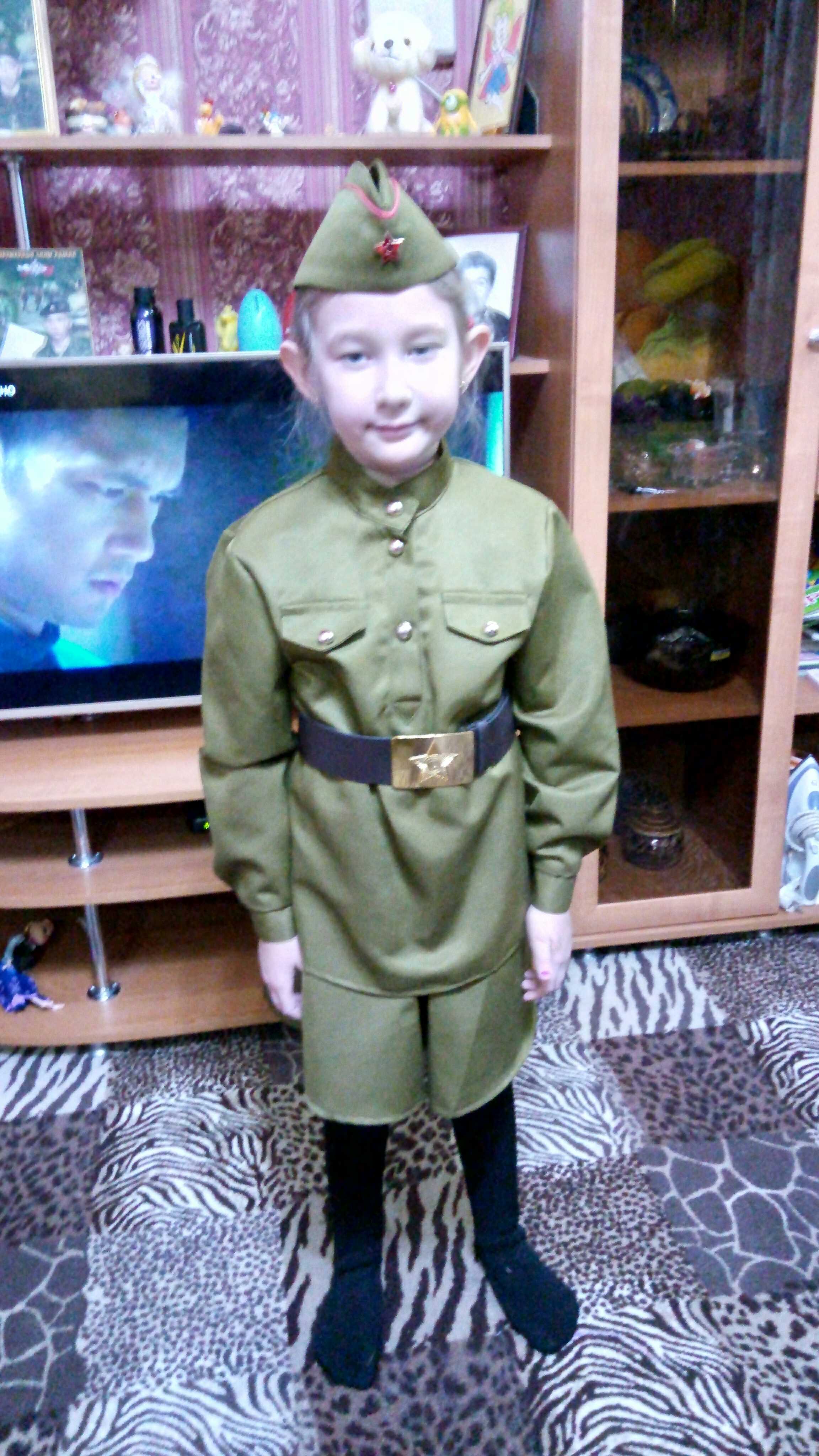 Фотография покупателя товара Костюм военный для девочки: гимнастёрка, юбка, ремень, пилотка, рост 92-98 см - Фото 1