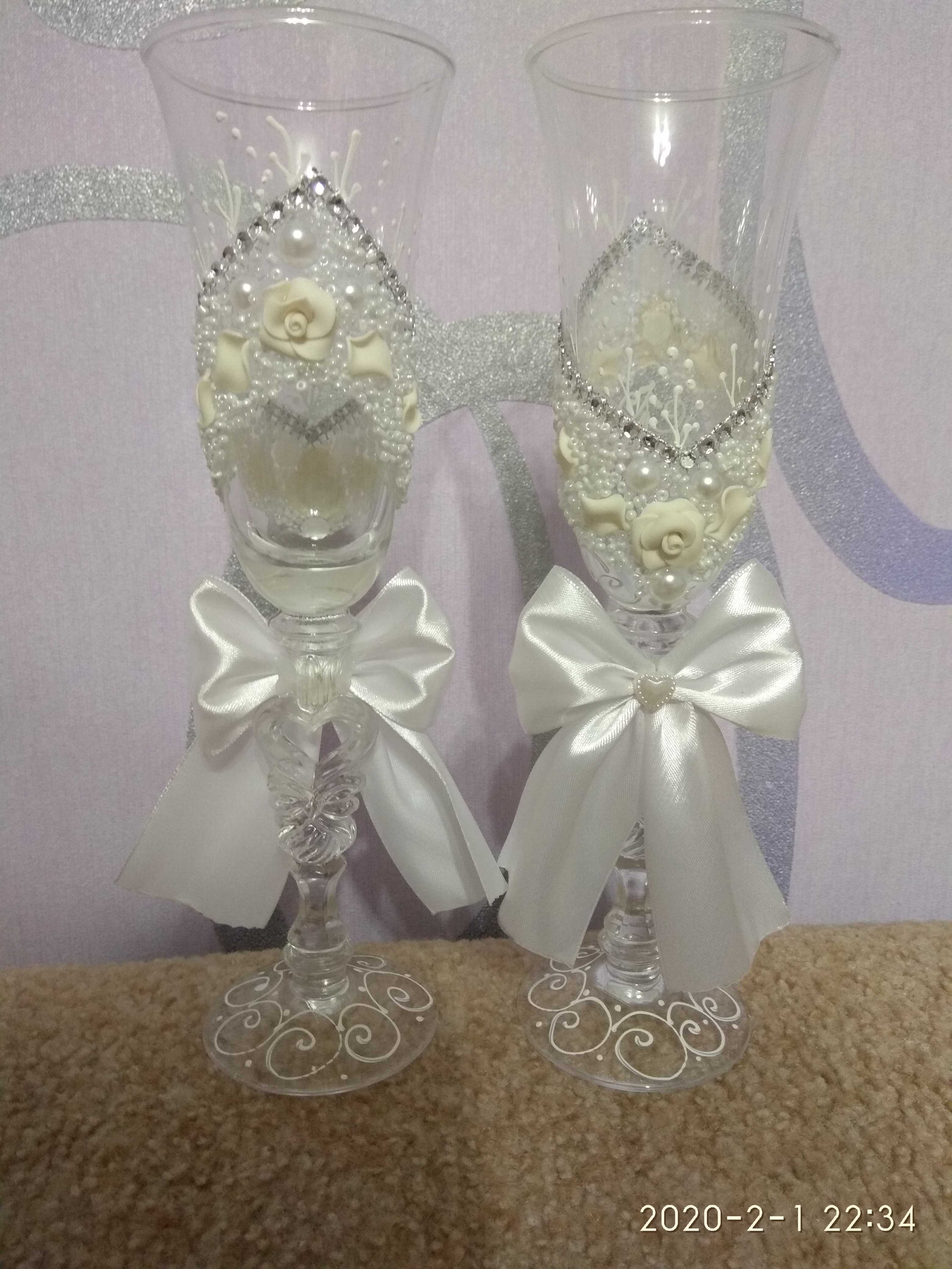 Фотография покупателя товара Набор свадебных бокалов "Бантик", с лепниной и бисером, белый