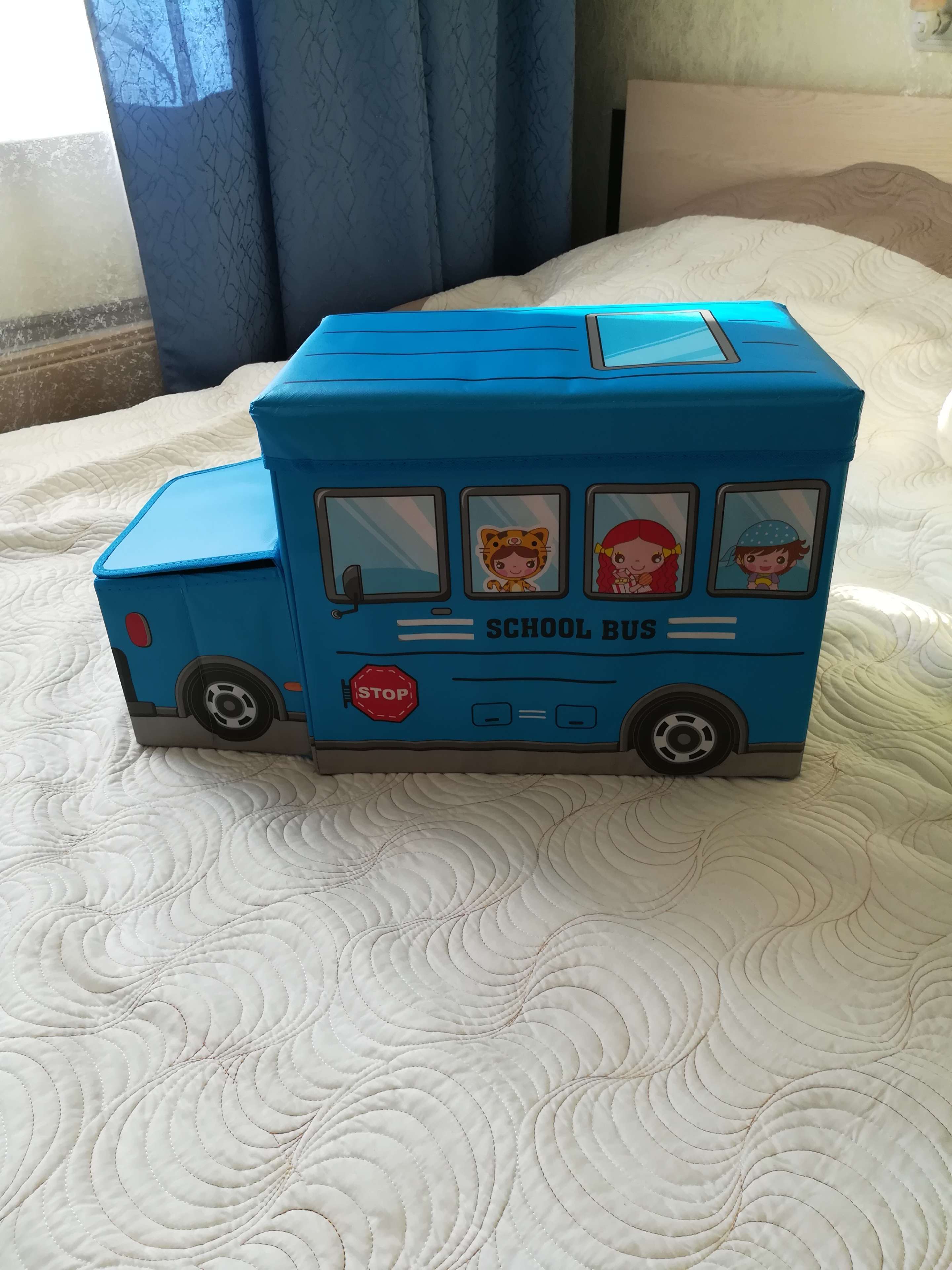 Фотография покупателя товара Короб стеллажный для хранения «Школьный автобус», 2 отделения, цвет синий