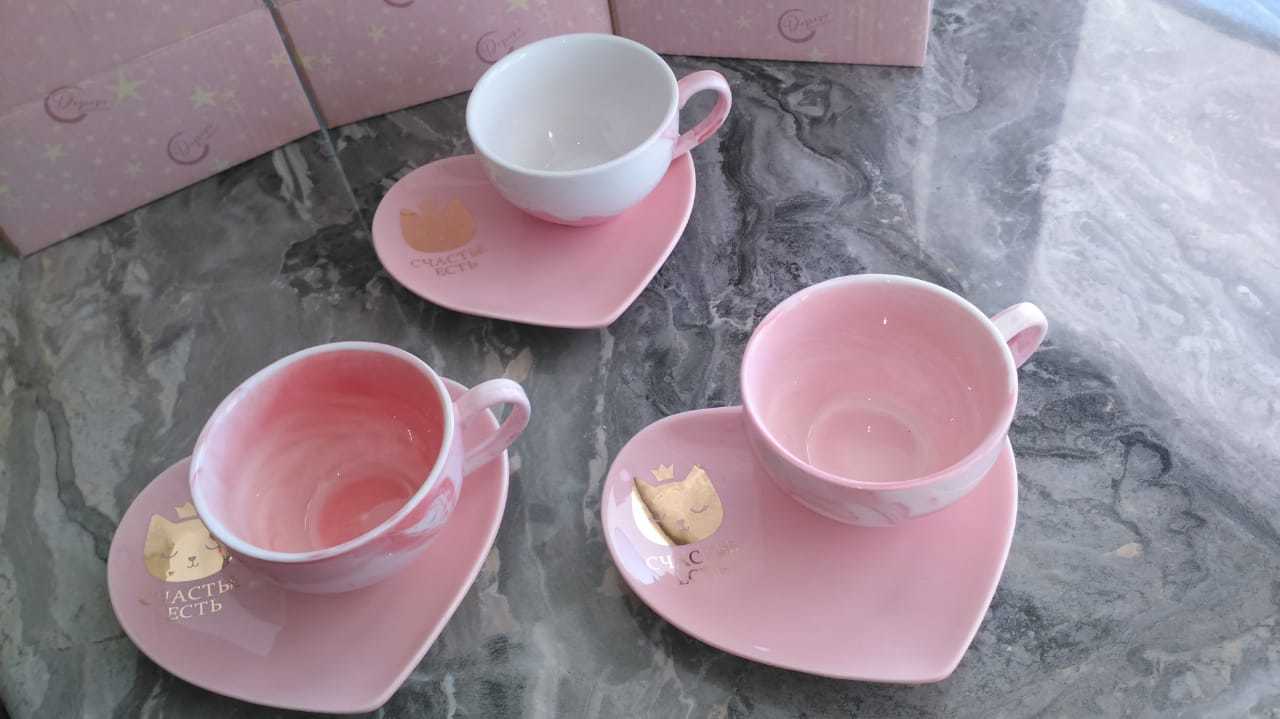 Фотография покупателя товара Подарочный набор керамический «Счастье есть»: кружка 120 мл, блюдце, цвет розовый - Фото 1