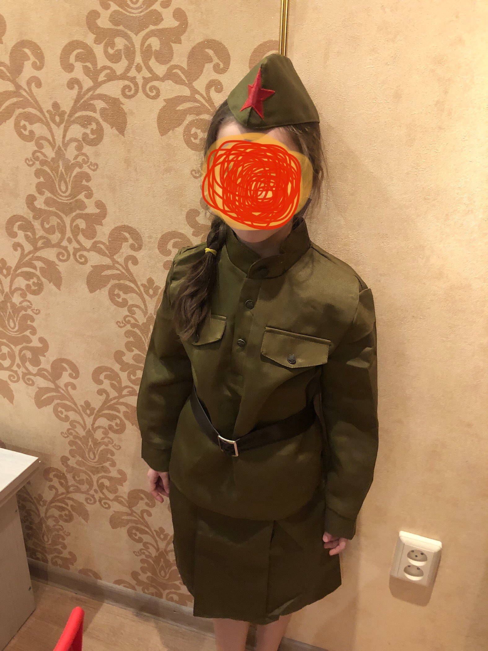 Фотография покупателя товара Костюм военного «Солдаточка», гимнастёрка, ремень, пилотка, юбка на резинке, 8-10 лет, рост 140-152 см
