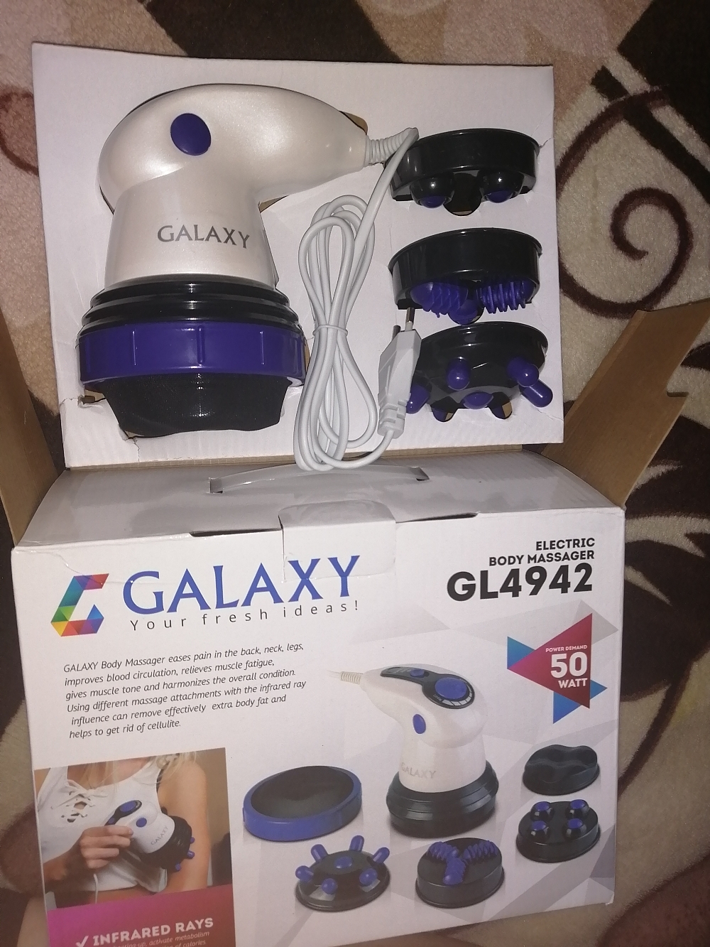 Фотография покупателя товара Массажёр для тела Galaxy GL 4942, электрический, 50 Вт, 5 насадок, 3 скорости, 220 В, фиолет. 133600 - Фото 2
