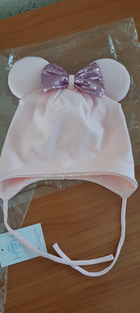 Фотография покупателя товара Шапка для девочки «Мышка», цвет пудра/бантик, размер 50-54