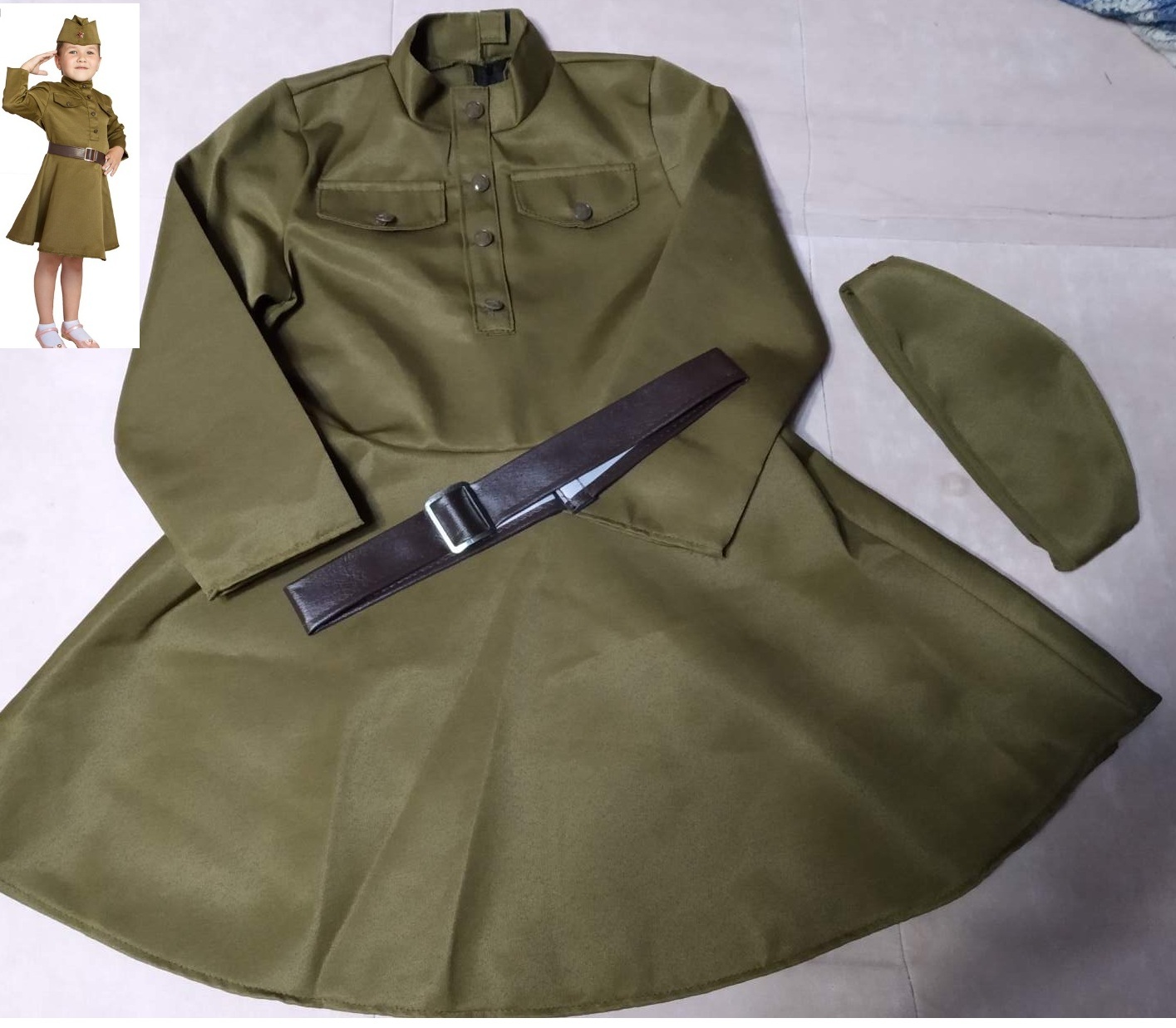 Фотография покупателя товара Карнавальный костюм для девочки, военное платье, пилотка, ремень, 5-7 лет, рост 122-134 см - Фото 3