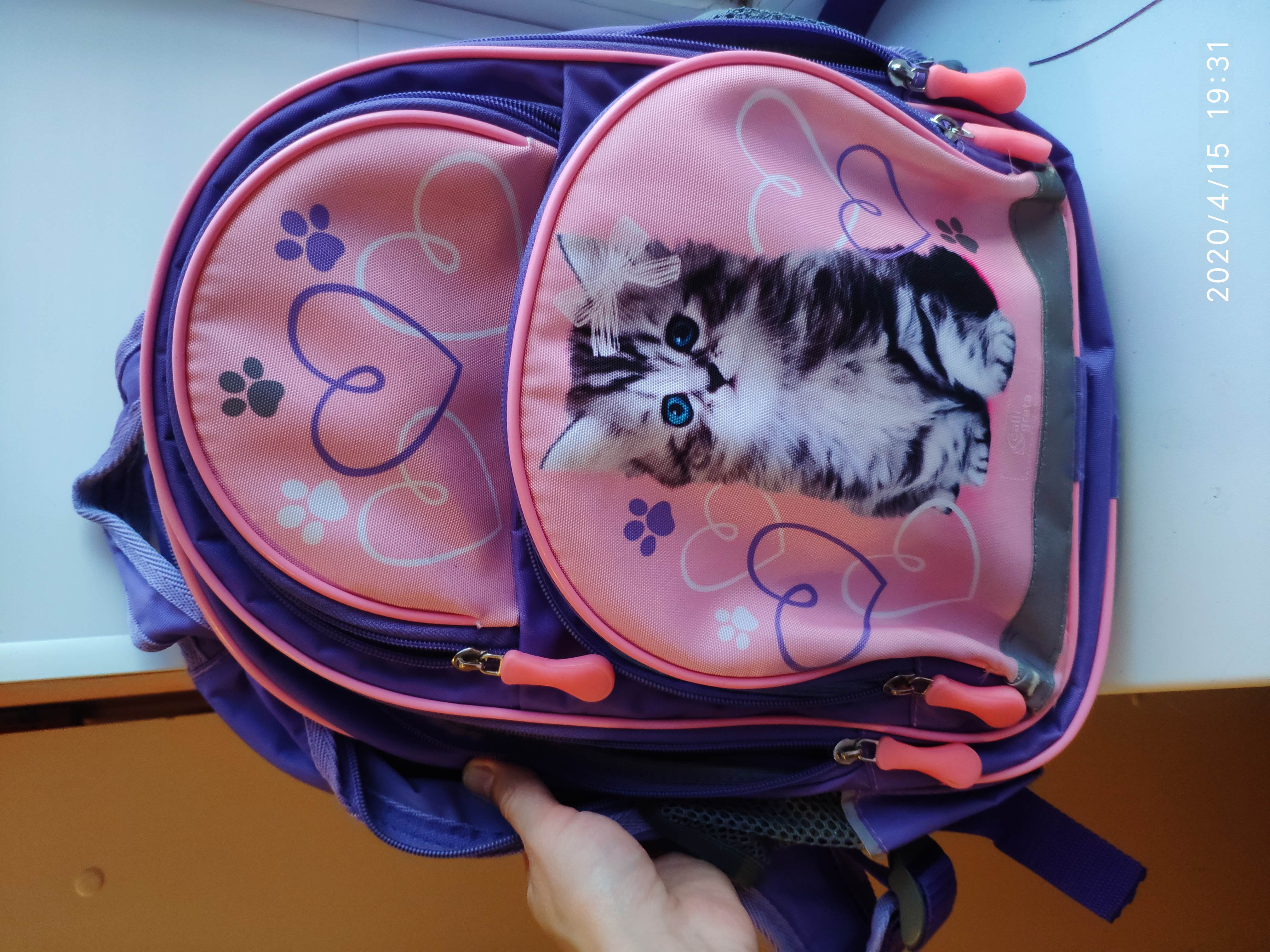 Фотография покупателя товара Рюкзак школьный, 36 х 23 х 13 см, эргономичная спинка, Calligrata П "Котёнок", серый/розовый