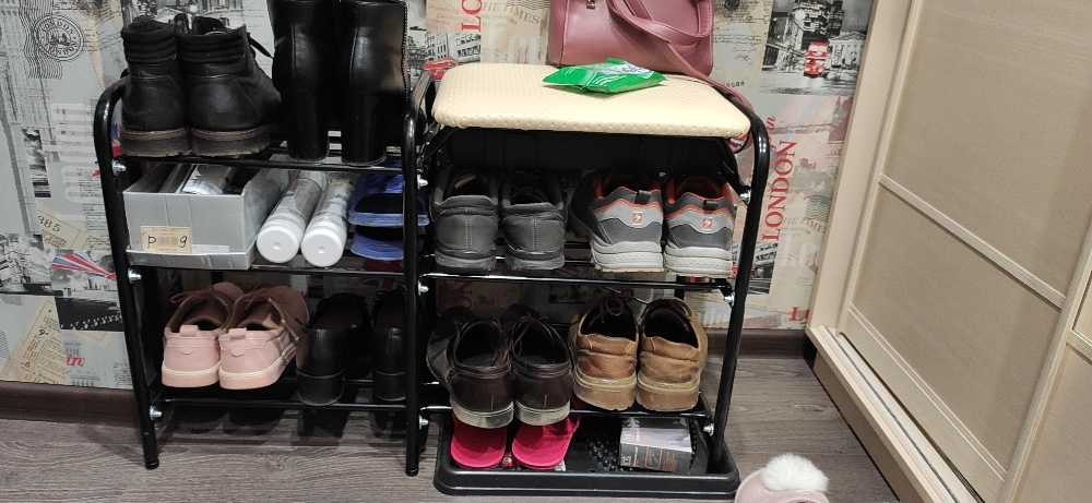 Фотография покупателя товара Этажерка для обуви с сиденьем и ящиком «Люкс», 3 яруса, 79×33×50 см, цвет слоновая кость/чёрный