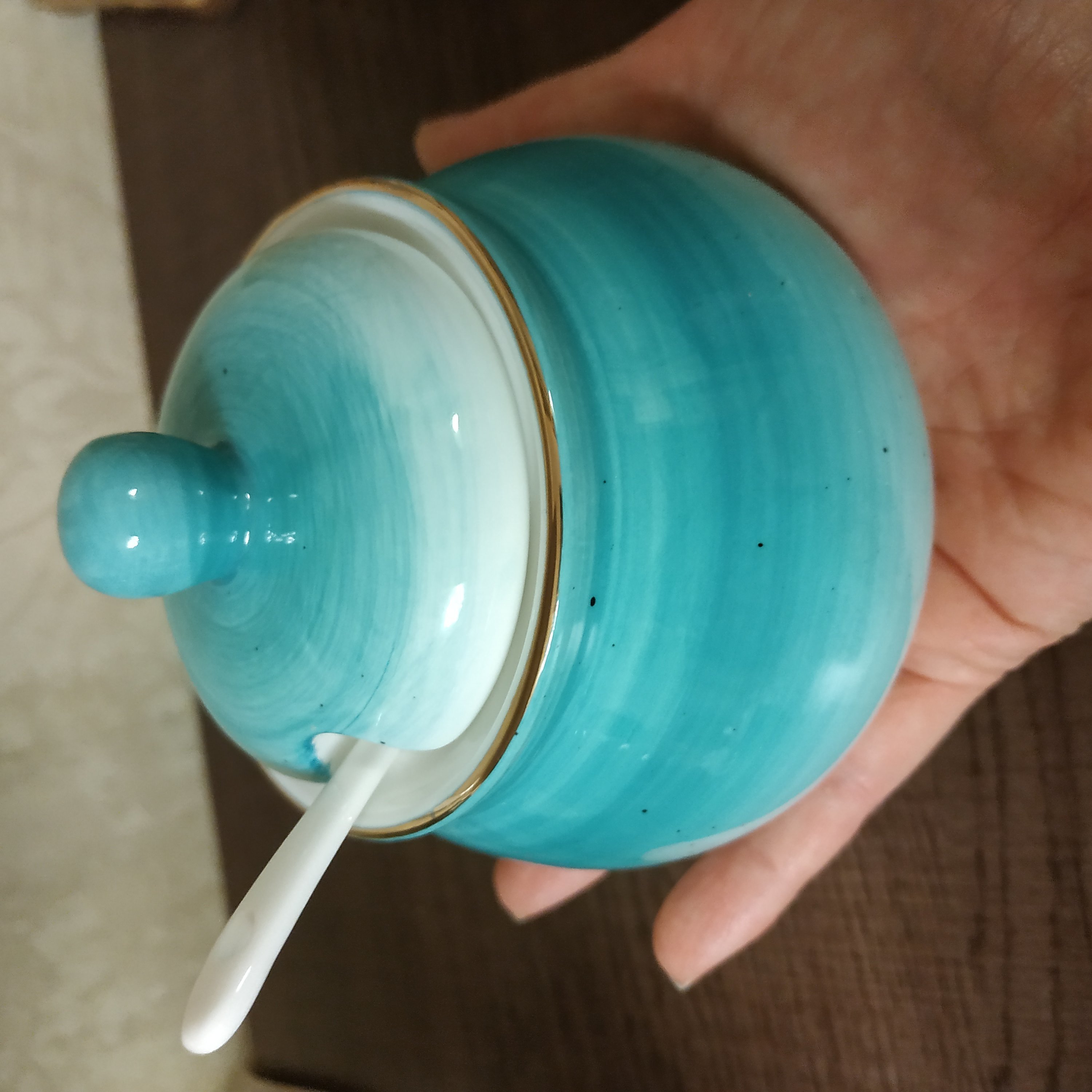 Фотография покупателя товара Сахарница фарфоровая с ложкой Доляна «Млечный путь», 330 мл, цвет бирюзовый