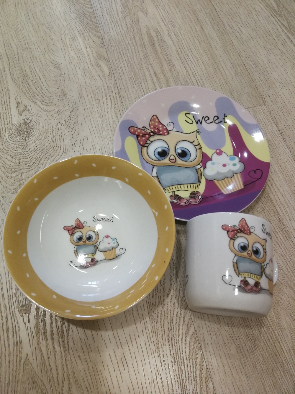 Фотография покупателя товара Набор детской посуды из керамики Доляна «Совёнок», 3 предмета: кружка 230 мл, миска 400 мл, тарелка d=18 см - Фото 6